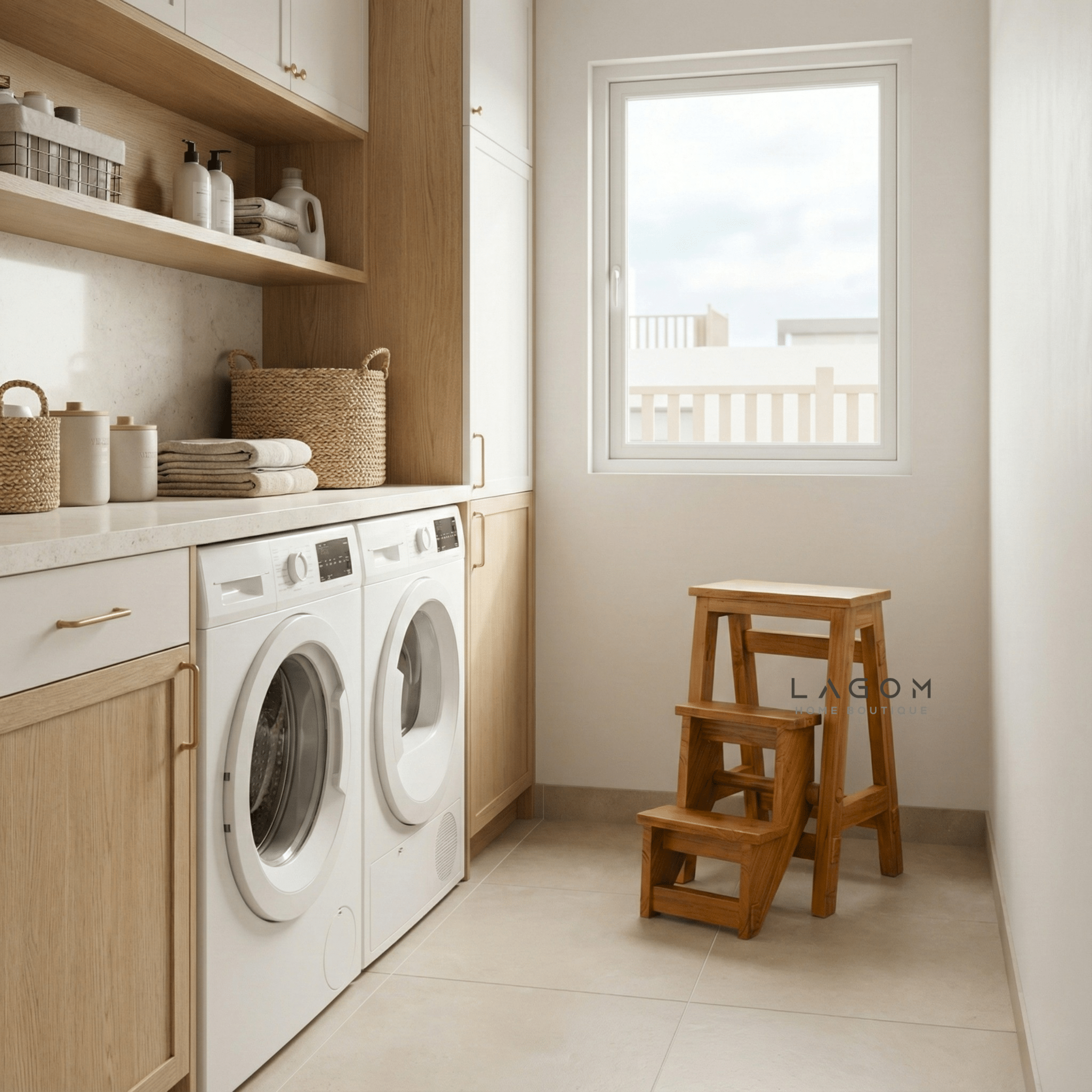 Teak Wood Convertible Step Stool & Bar Stool - Step Stool - Lagom Home Boutique