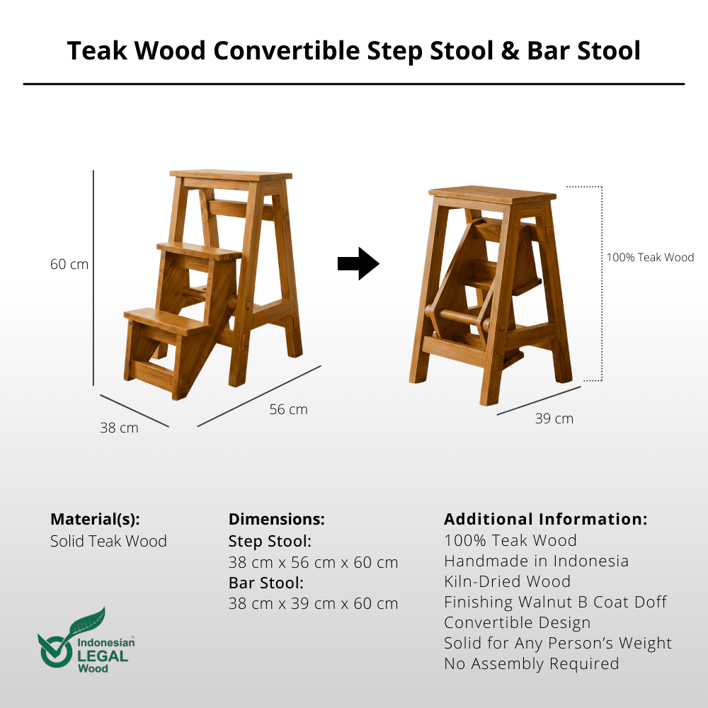 Teak Wood Convertible Step Stool & Bar Stool - Step Stool - Lagom Home Boutique