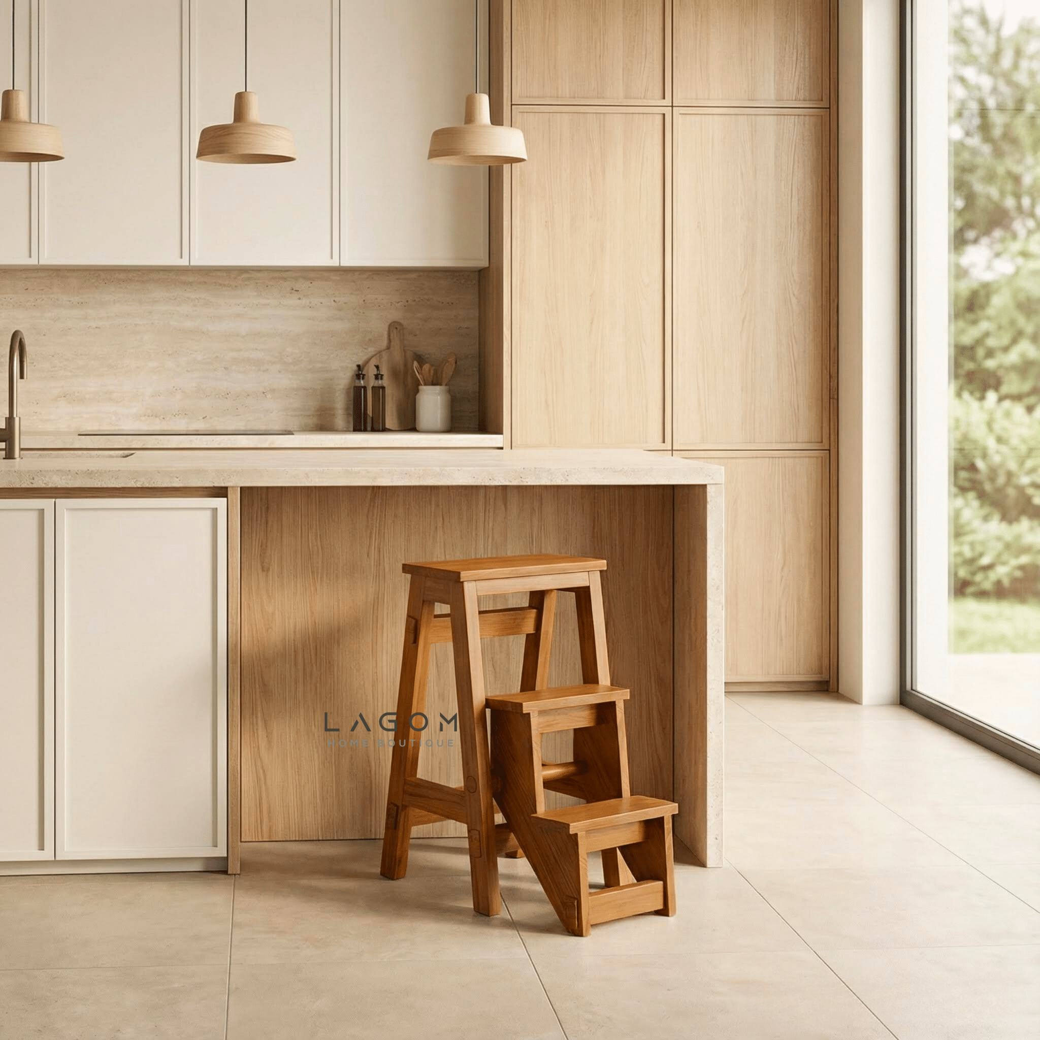 Teak Wood Convertible Step Stool & Bar Stool - Step Stool - Lagom Home Boutique