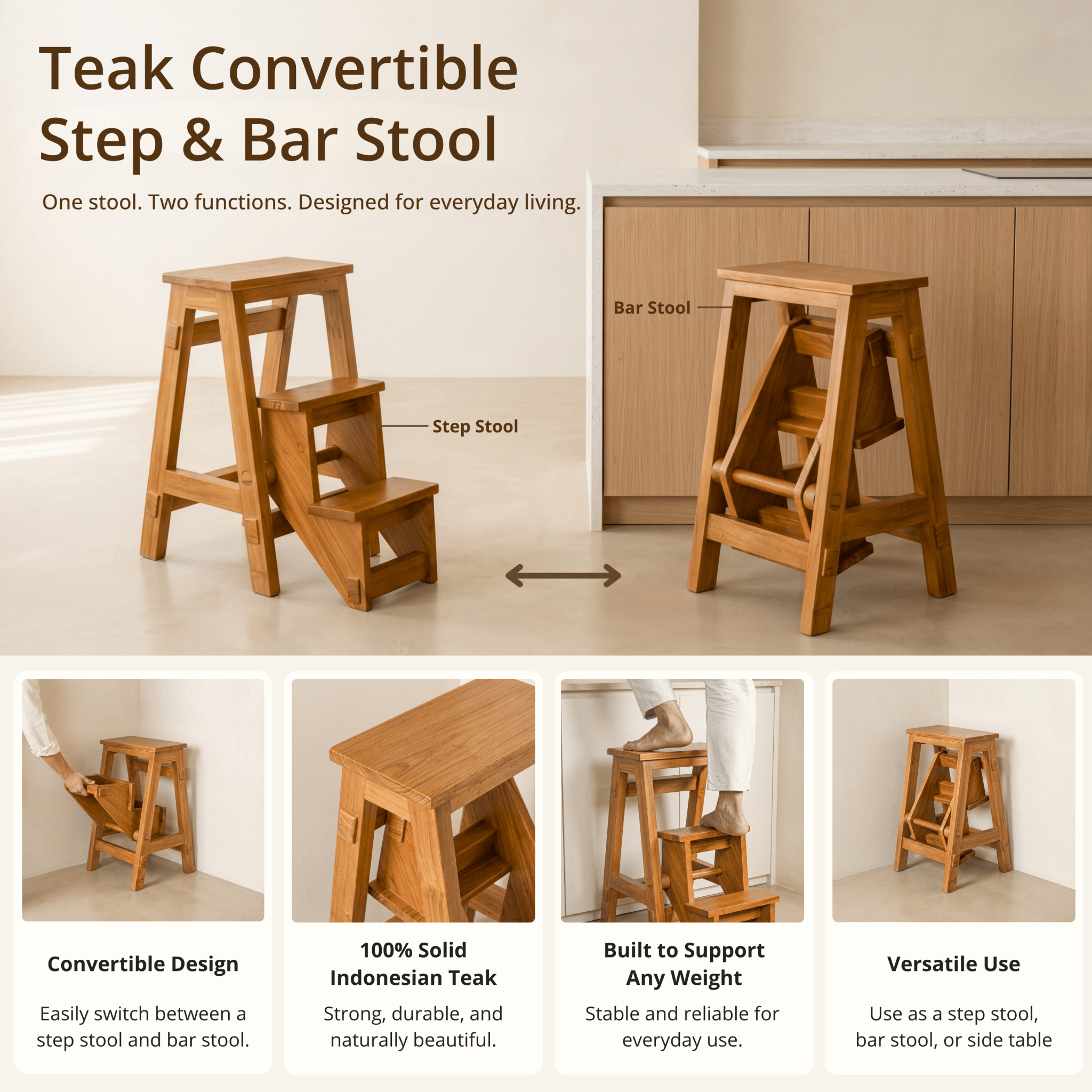 Teak Wood Convertible Step Stool & Bar Stool-Step Stool-Lagom Home Boutique