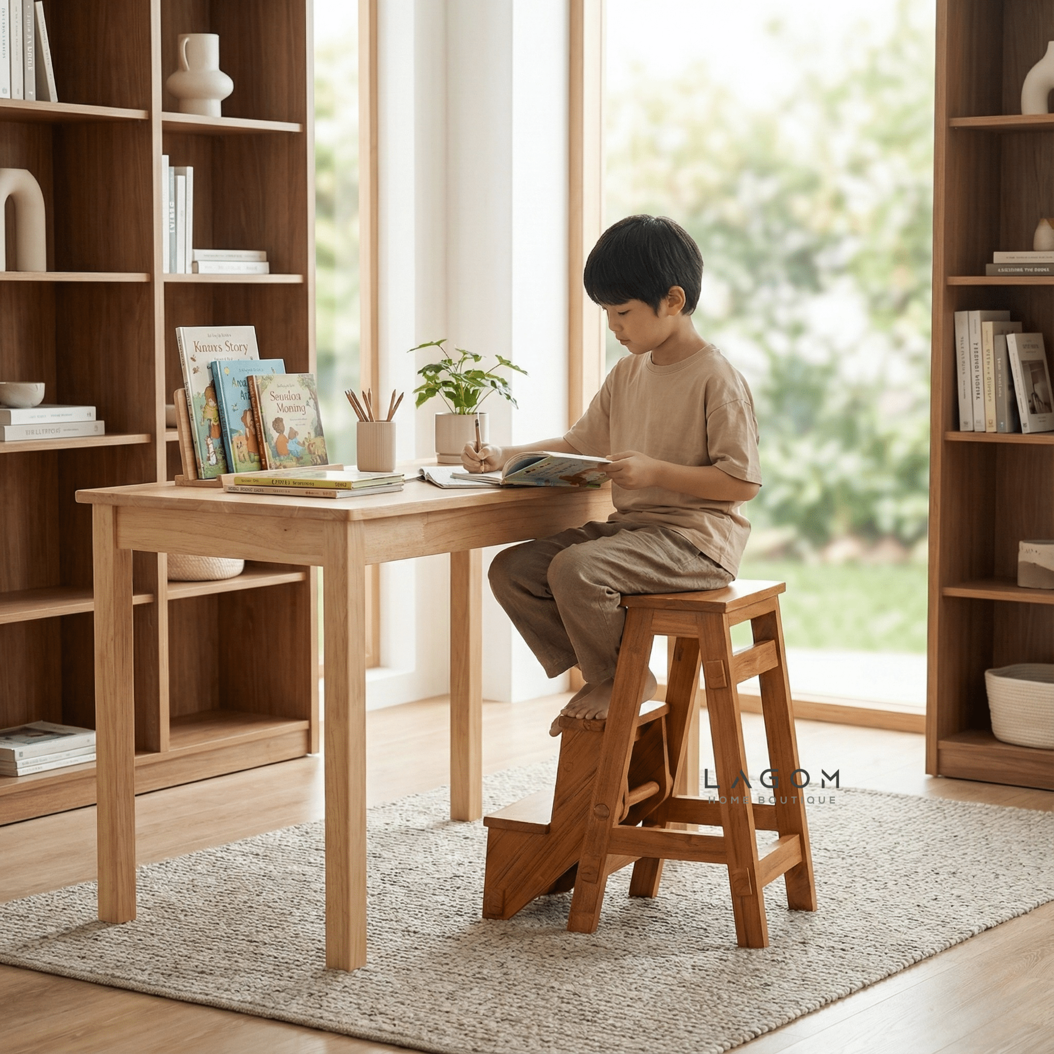 Teak Wood Convertible Step Stool & Bar Stool - Step Stool - Lagom Home Boutique