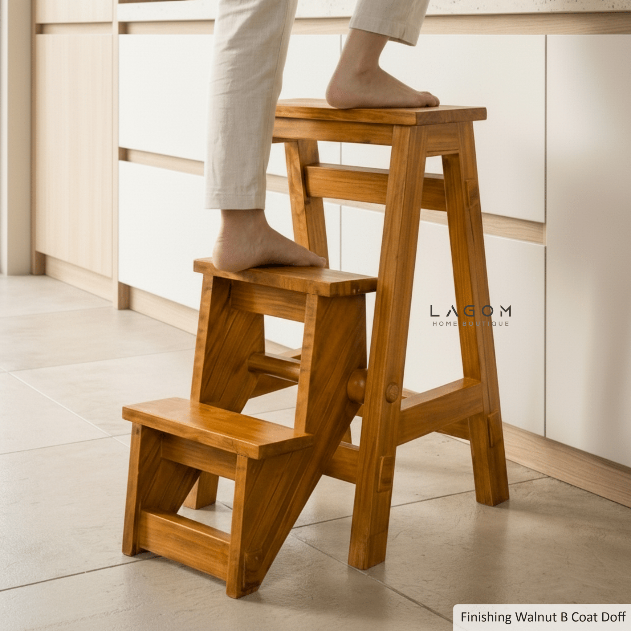 Teak Wood Convertible Step Stool & Bar Stool - Step Stool - Lagom Home Boutique