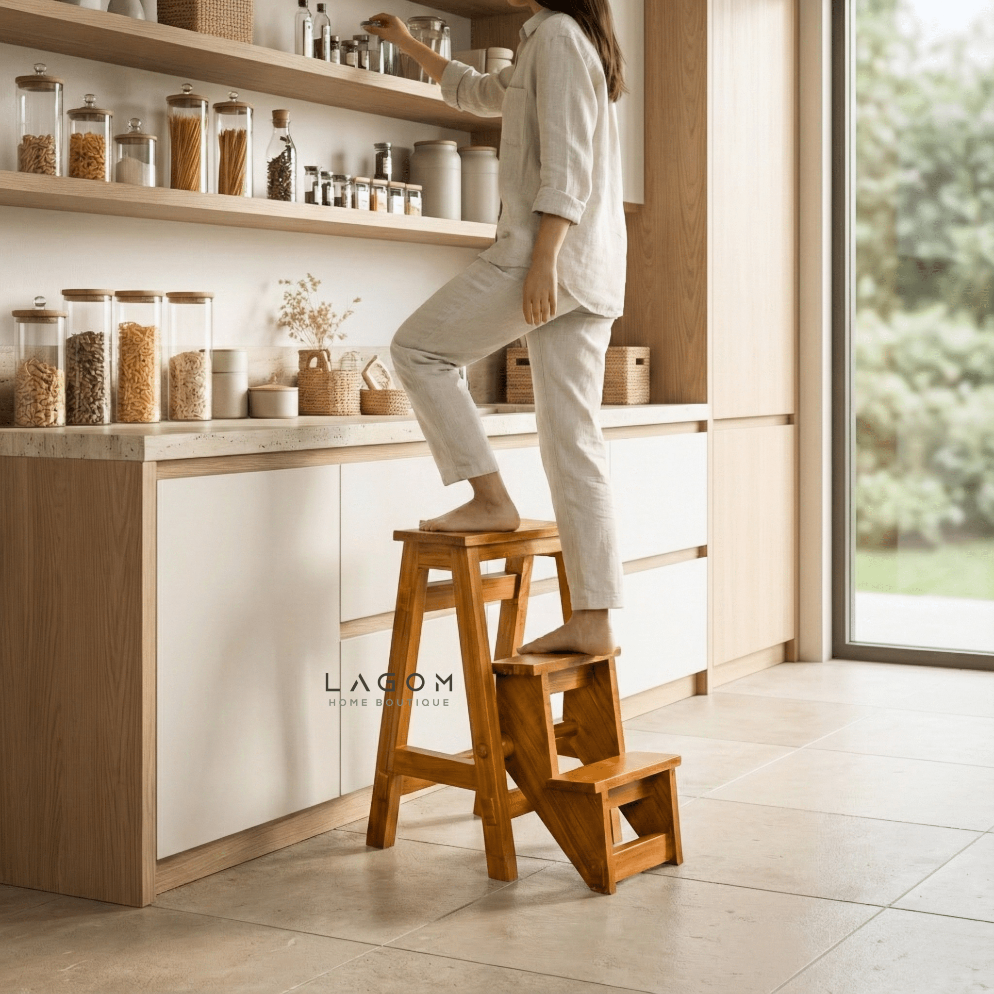 Teak Wood Convertible Step Stool & Bar Stool - Step Stool - Lagom Home Boutique