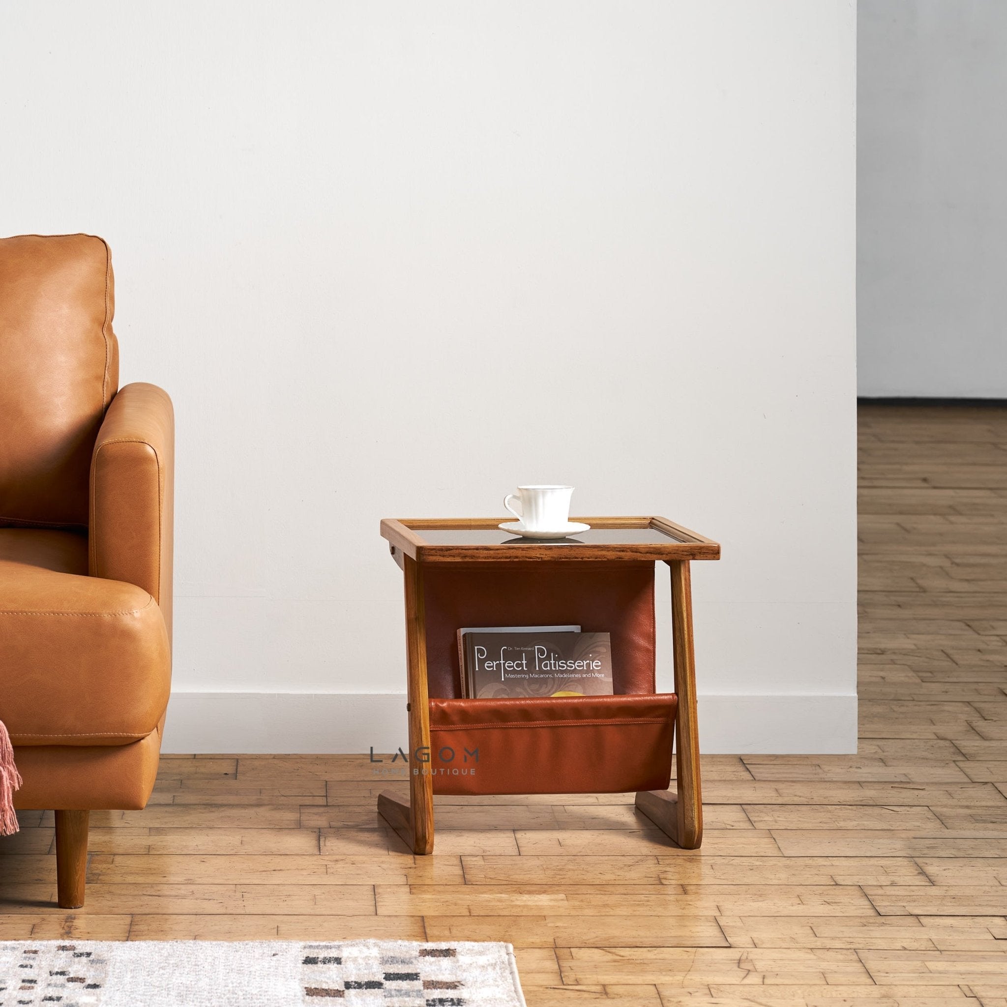 Teak Wood & Faux Leather Side Table - Side Table - Lagom Home Boutique