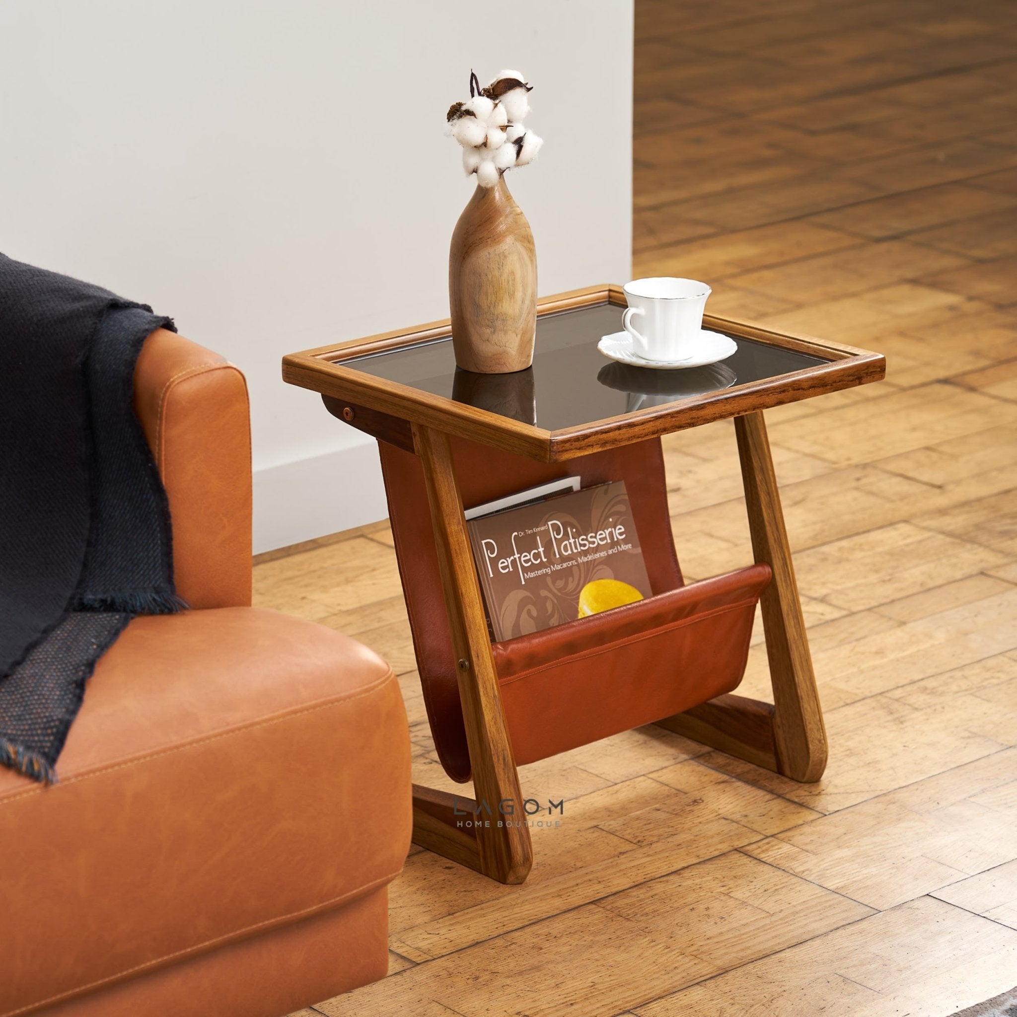 Teak Wood & Faux Leather Side Table - Side Table - Lagom Home Boutique