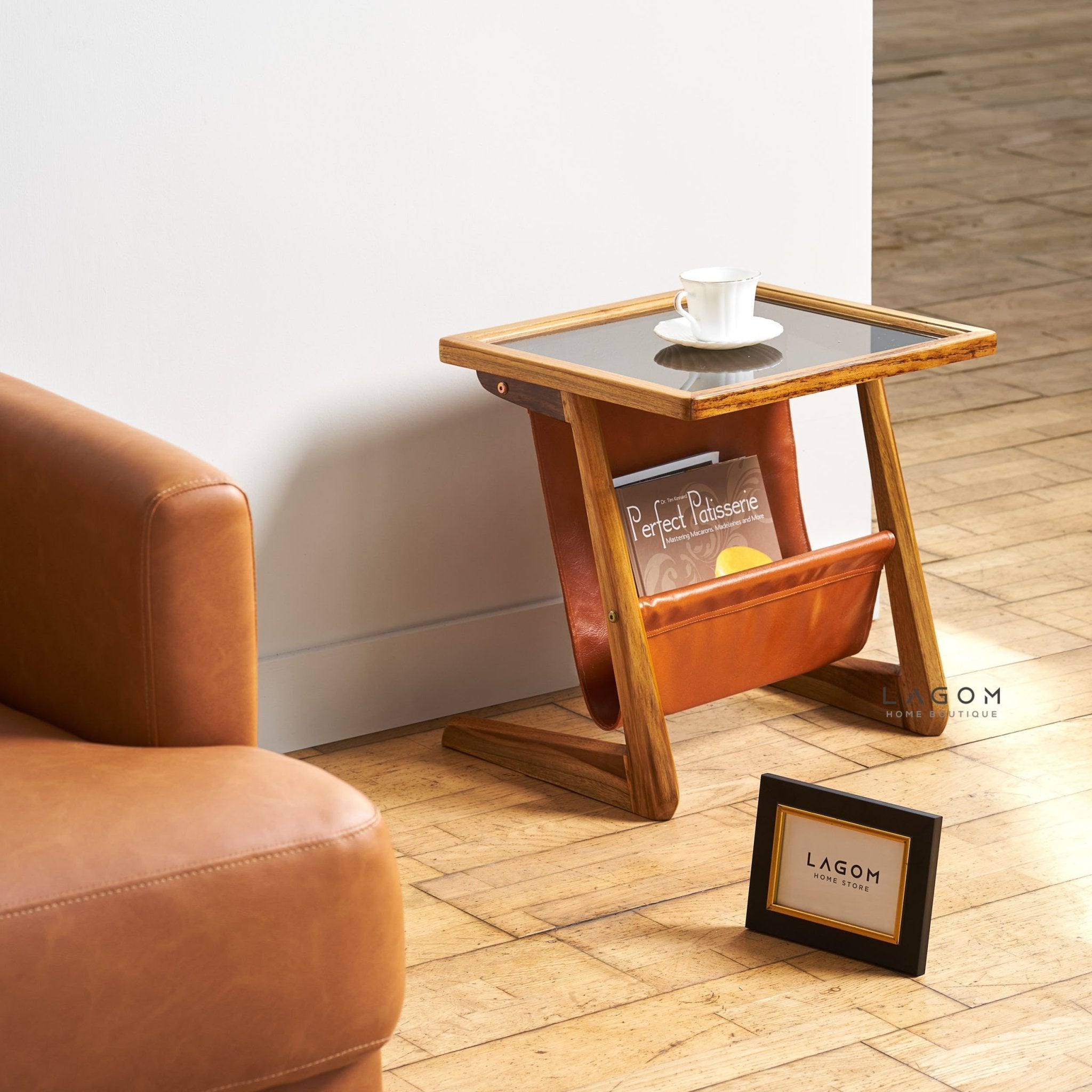 Teak Wood & Faux Leather Side Table - Side Table - Lagom Home Boutique