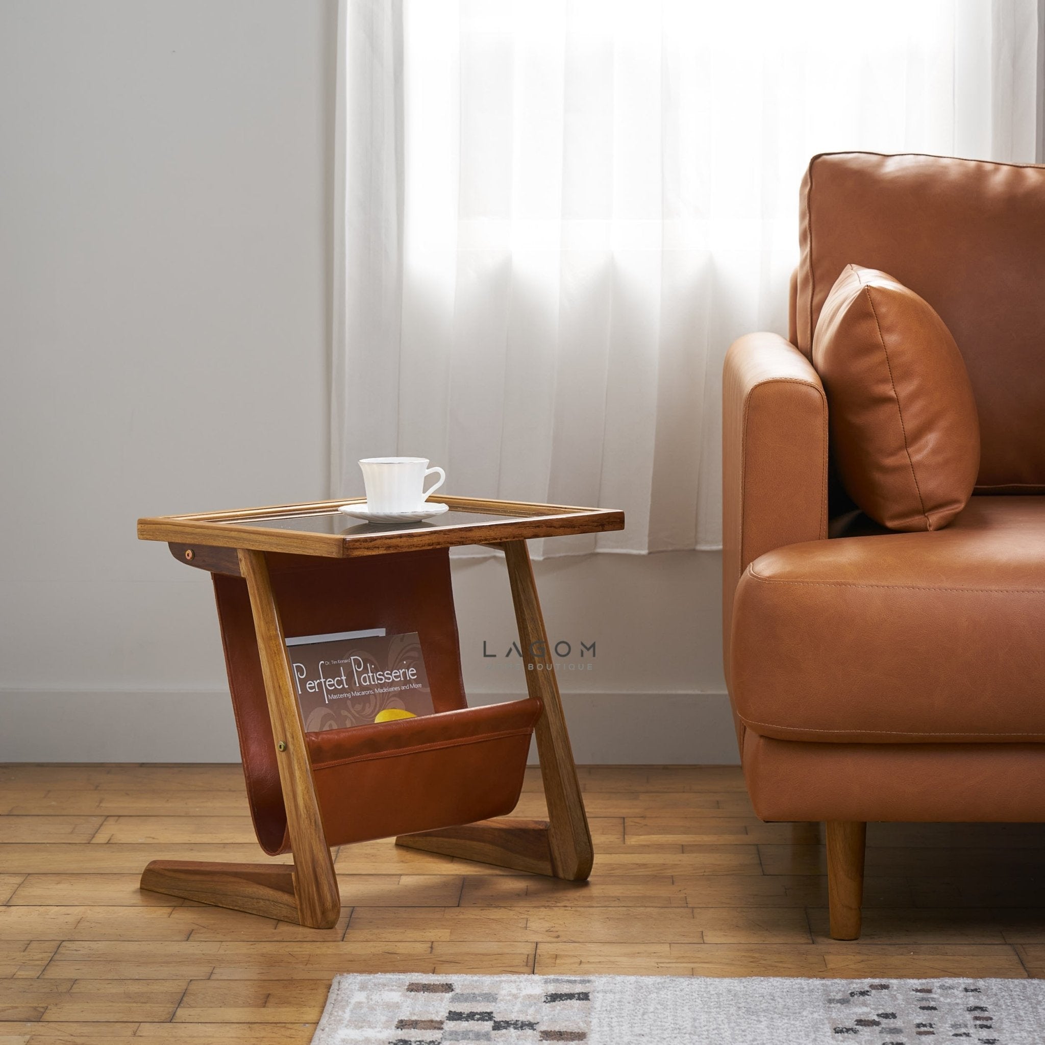Teak Wood & Faux Leather Side Table - Side Table - Lagom Home Boutique
