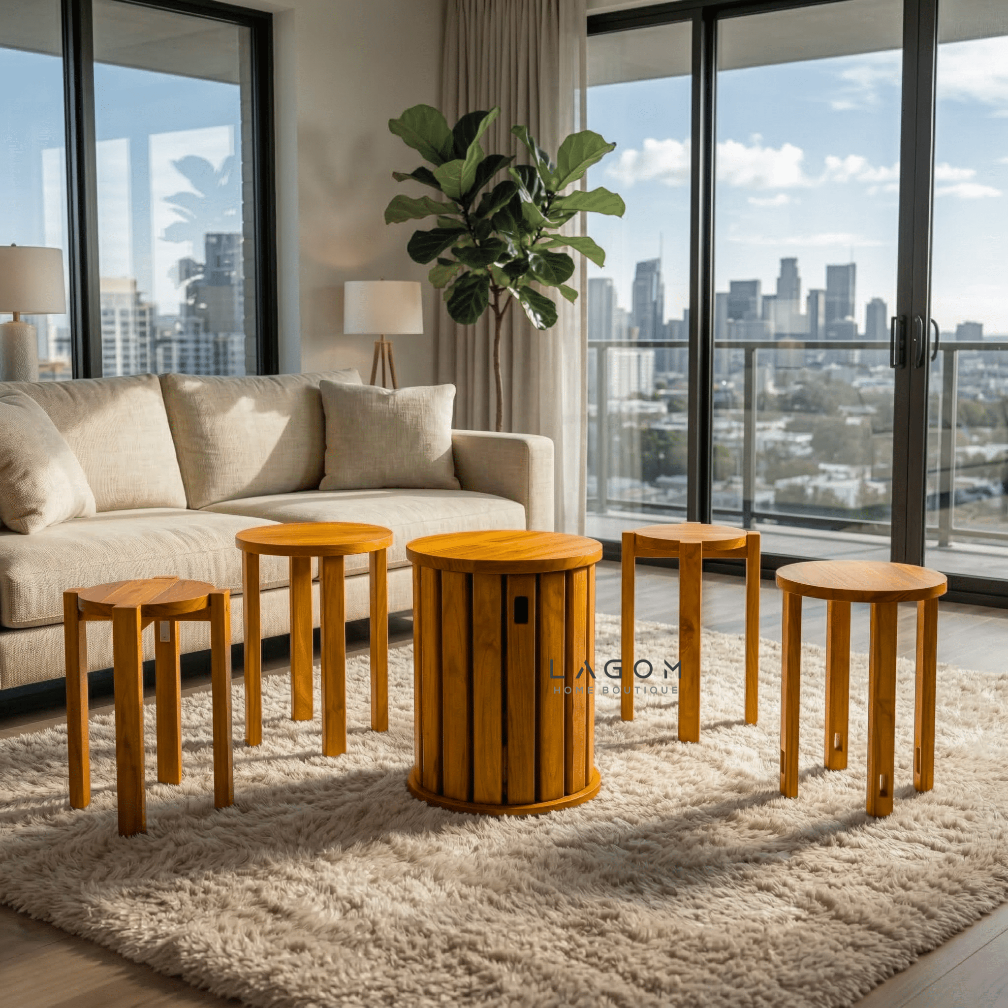 Teak Wood Stackable Stools - Set of 4 - Stool - Lagom Home Boutique