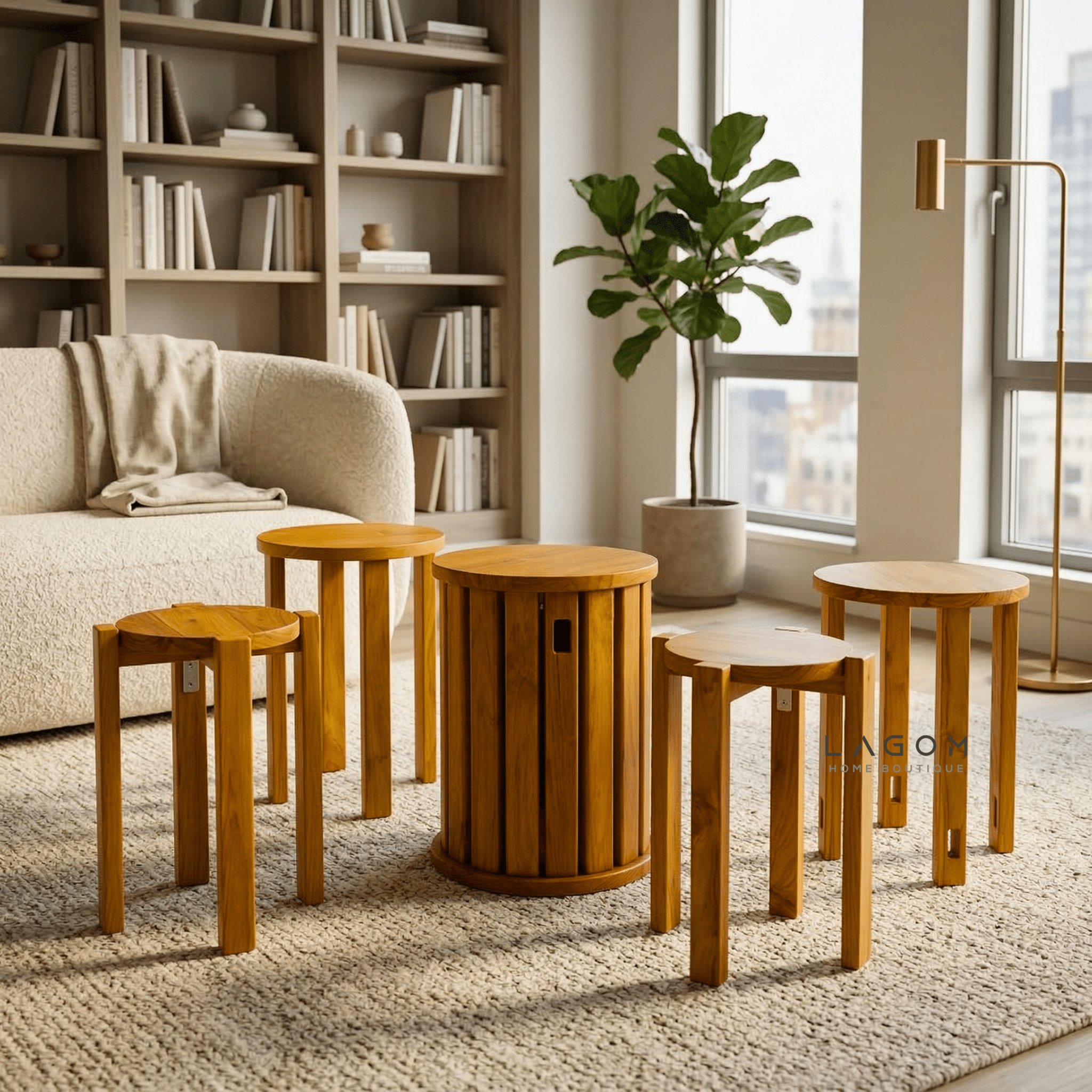 Teak Wood Stackable Stools - Set of 4 - Stool - Lagom Home Boutique