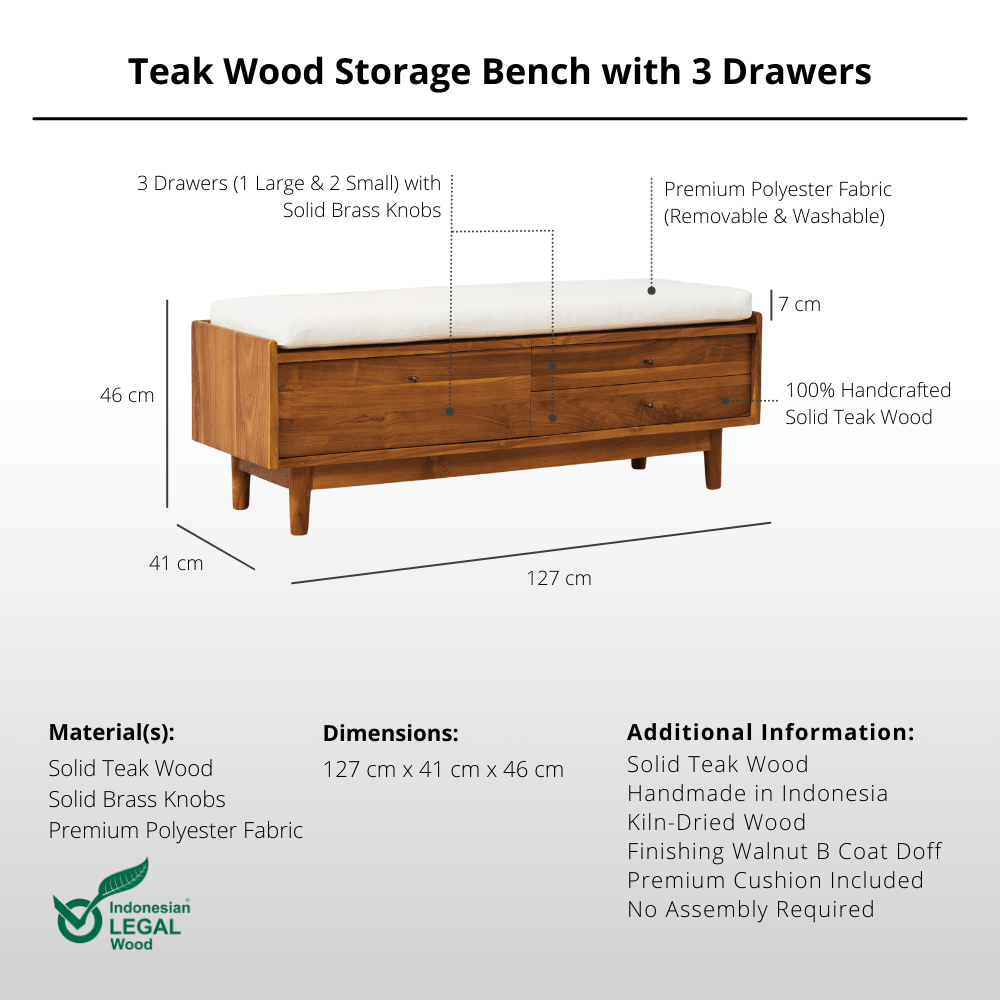 Teak Wood Storage Bench with 3 Drawers - Bench - Lagom Home Boutique