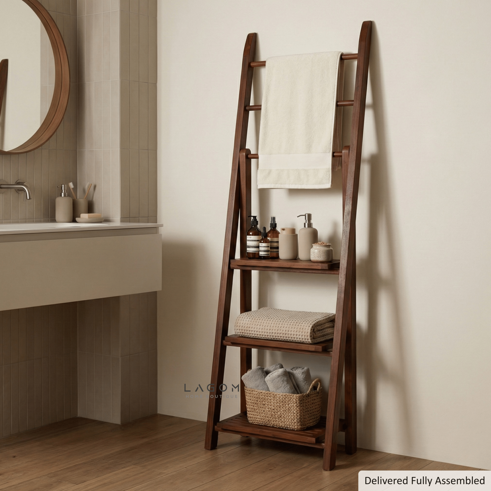 Teak Wood Towel / Fabric Ladder with Shelves - Towel Rack - Lagom Home Boutique