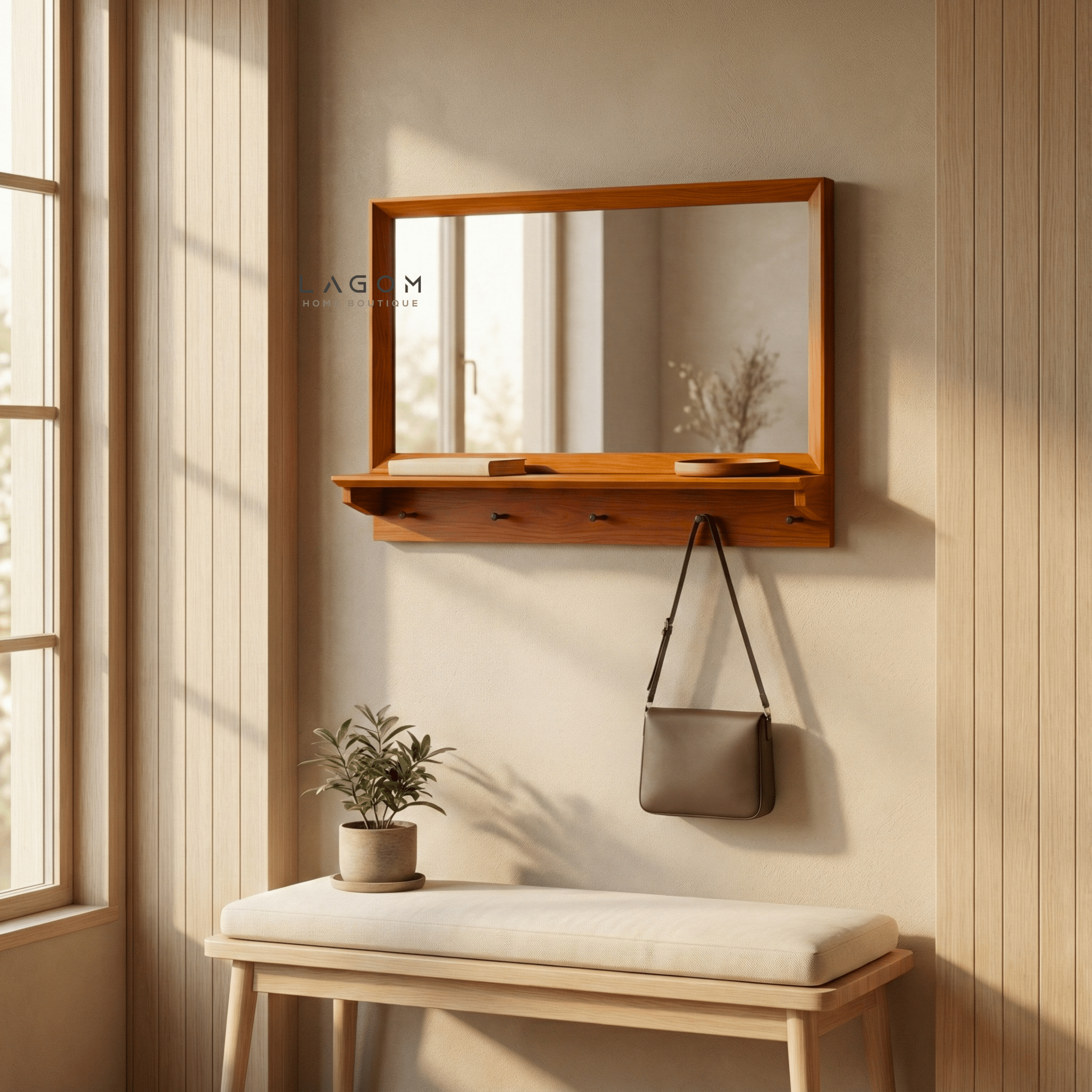 Teak Wood Wall Hanger with Mirror & Shelf - Wall Coat Hanger - Lagom Home Boutique