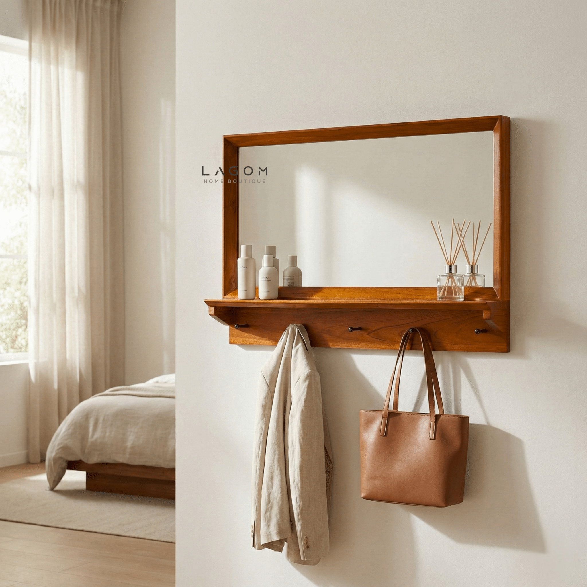 Teak Wood Wall Hanger with Mirror & Shelf - Wall Coat Hanger - Lagom Home Boutique