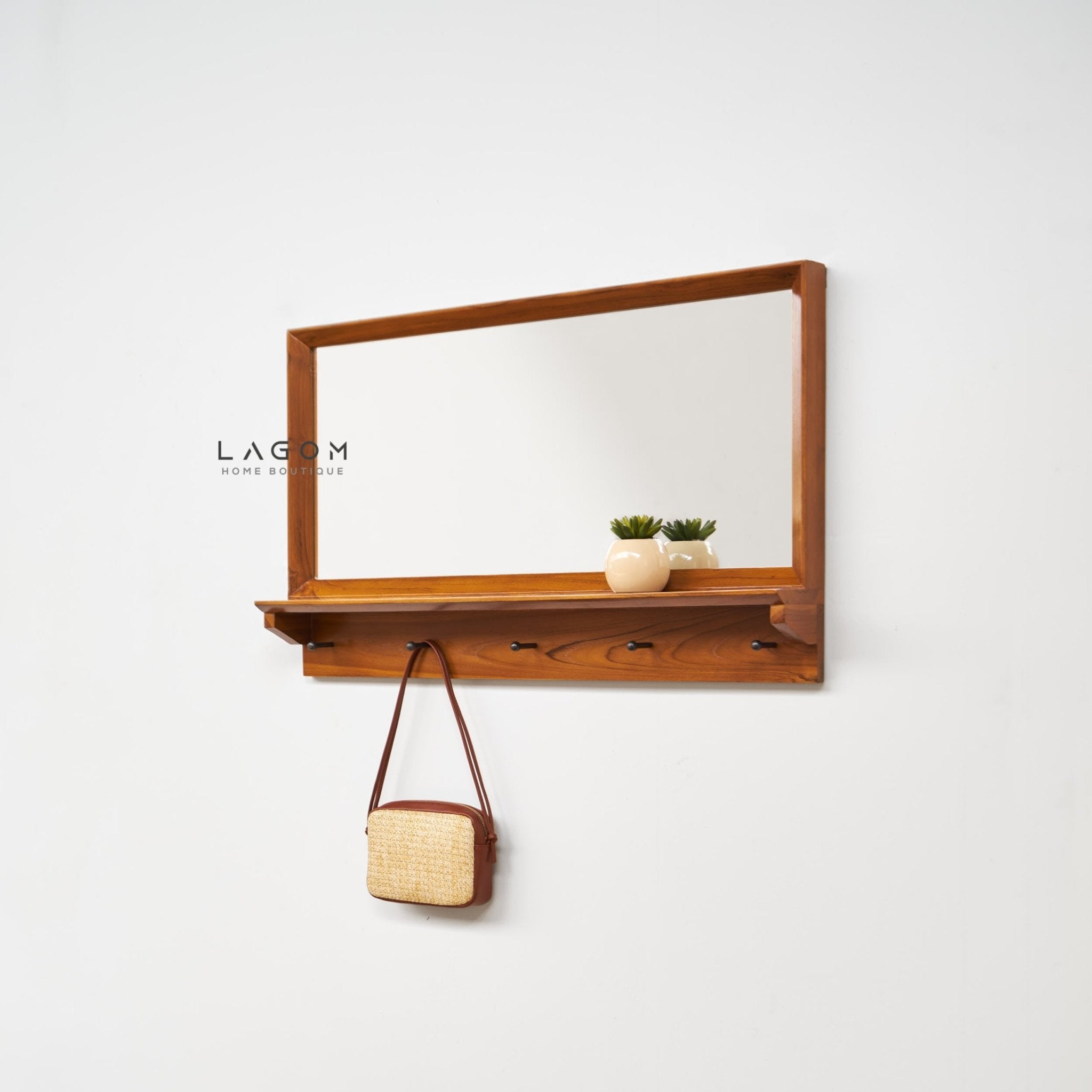Teak Wood Wall Hanger with Mirror & Shelf - Wall Coat Hanger - Lagom Home Boutique