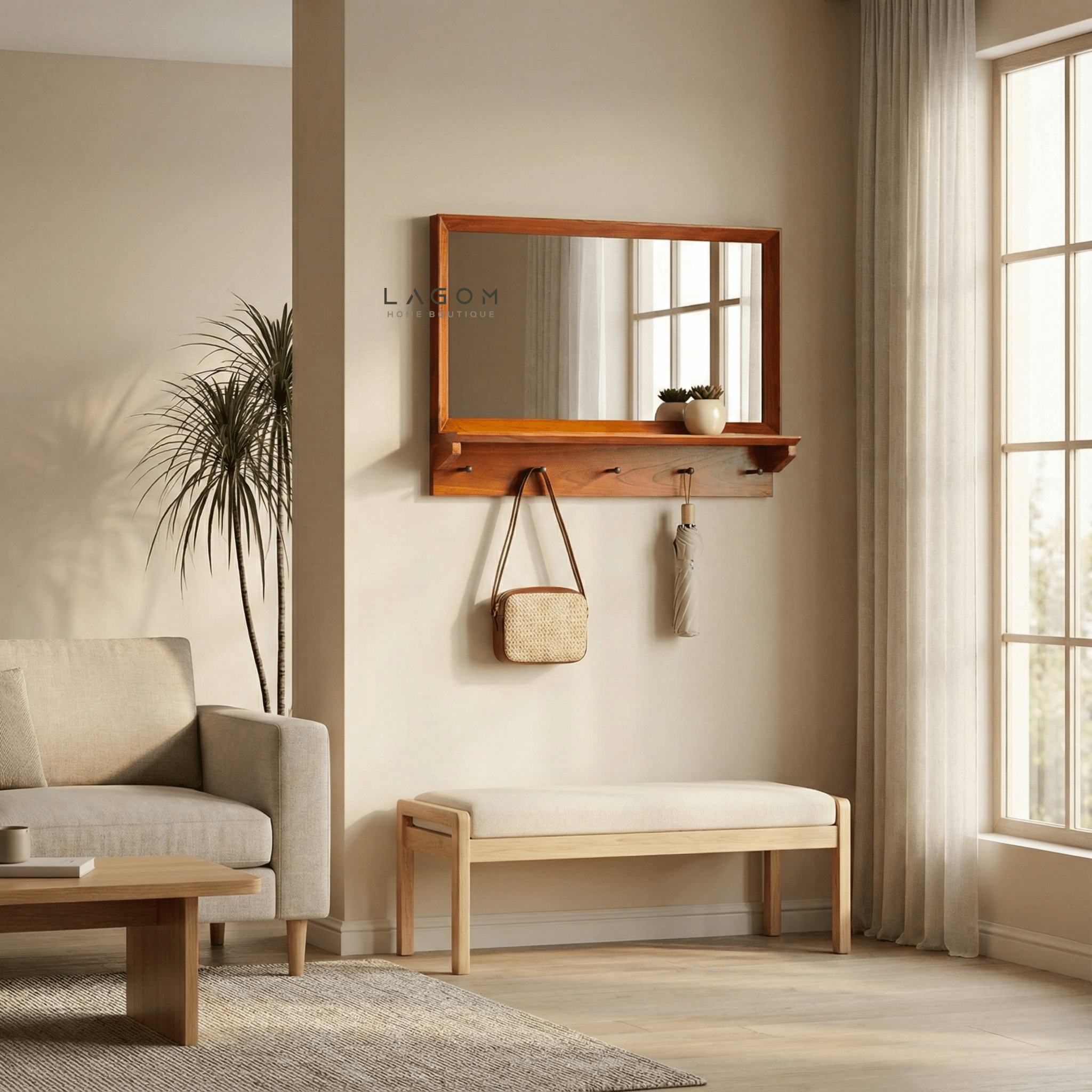 Teak Wood Wall Hanger with Mirror & Shelf - Wall Coat Hanger - Lagom Home Boutique