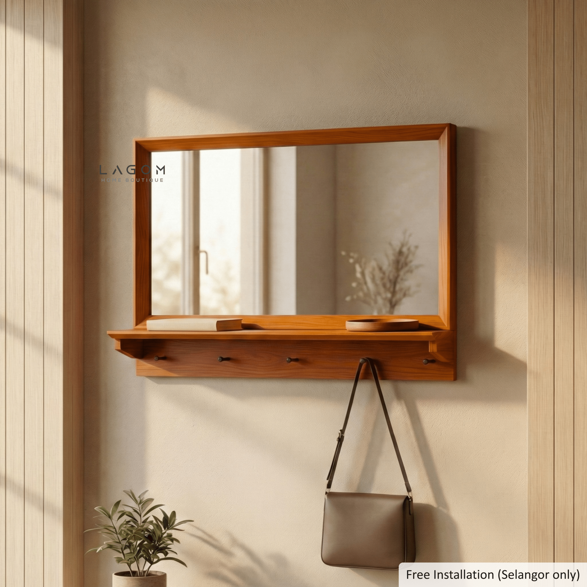 Teak Wood Wall Hanger with Mirror & Shelf - Wall Coat Hanger - Lagom Home Boutique