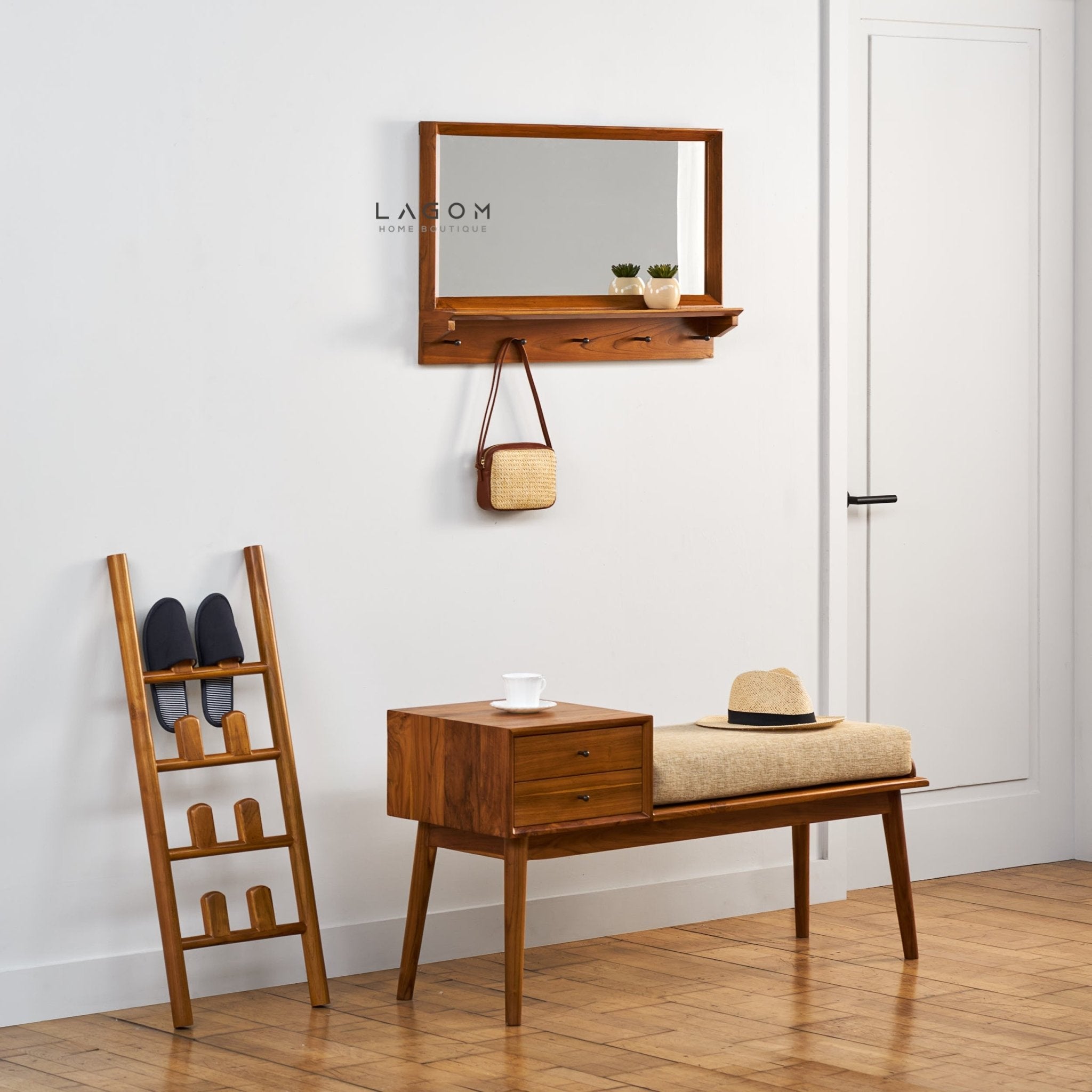 Teak Wood Wall Hanger with Mirror & Shelf - Wall Coat Hanger - Lagom Home Boutique