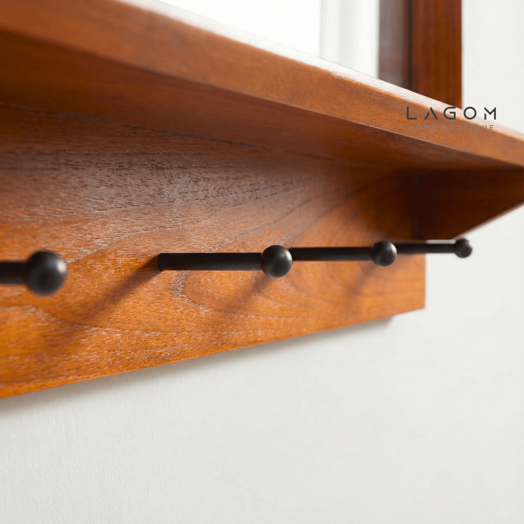 Teak Wood Wall Hanger with Mirror & Shelf - Wall Coat Hanger - Lagom Home Boutique