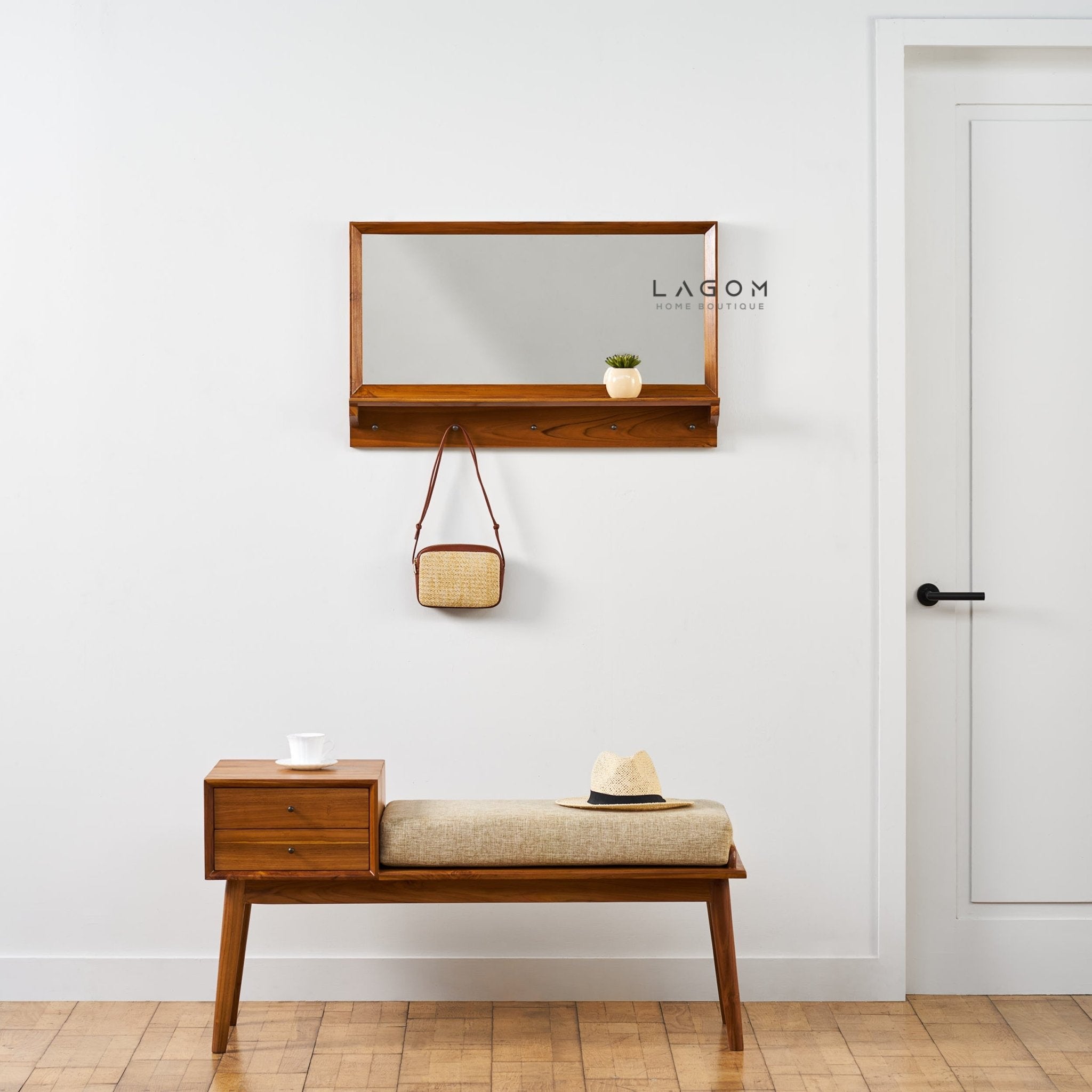 Teak Wood Wall Hanger with Mirror & Shelf - Wall Coat Hanger - Lagom Home Boutique