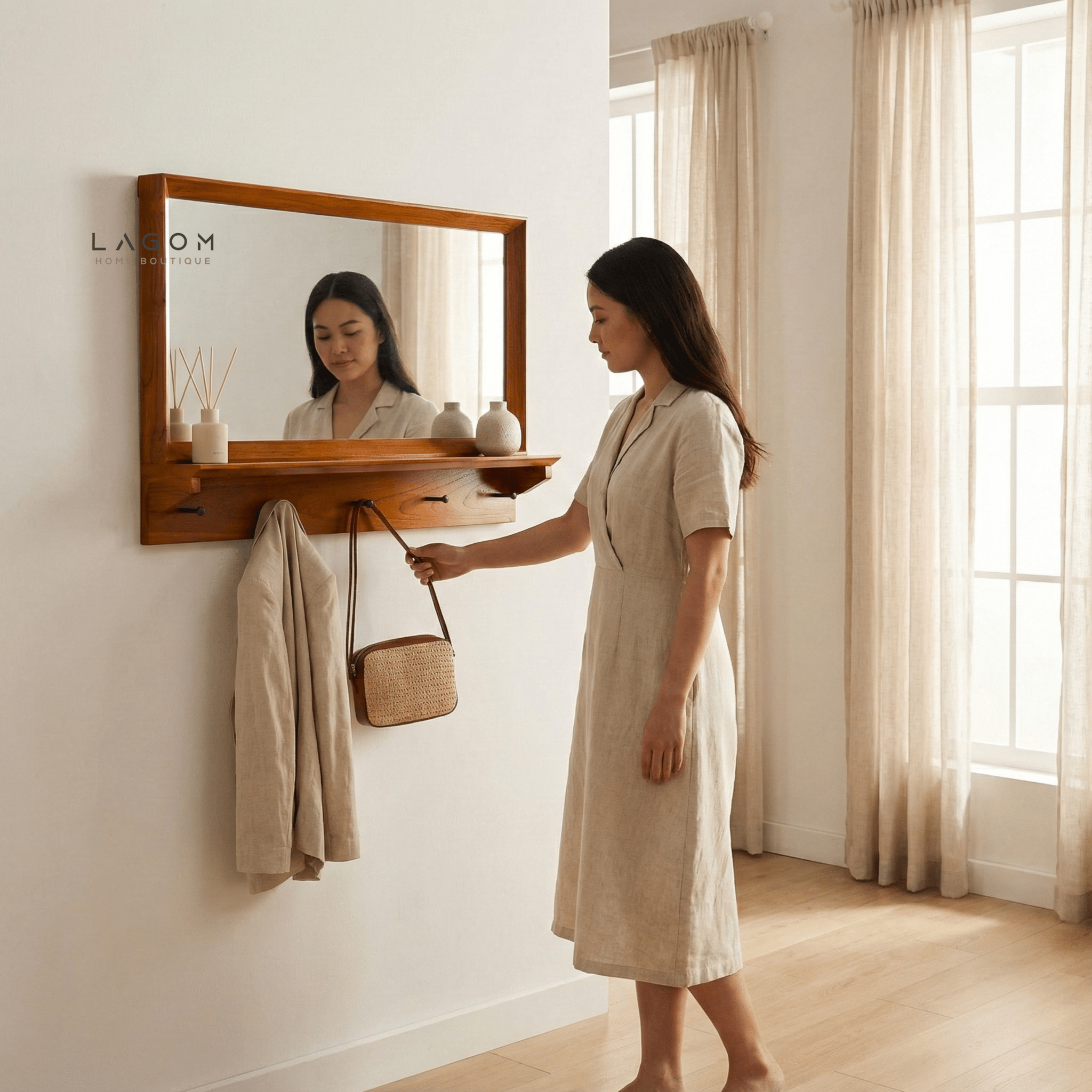 Teak Wood Wall Hanger with Mirror & Shelf - Wall Coat Hanger - Lagom Home Boutique