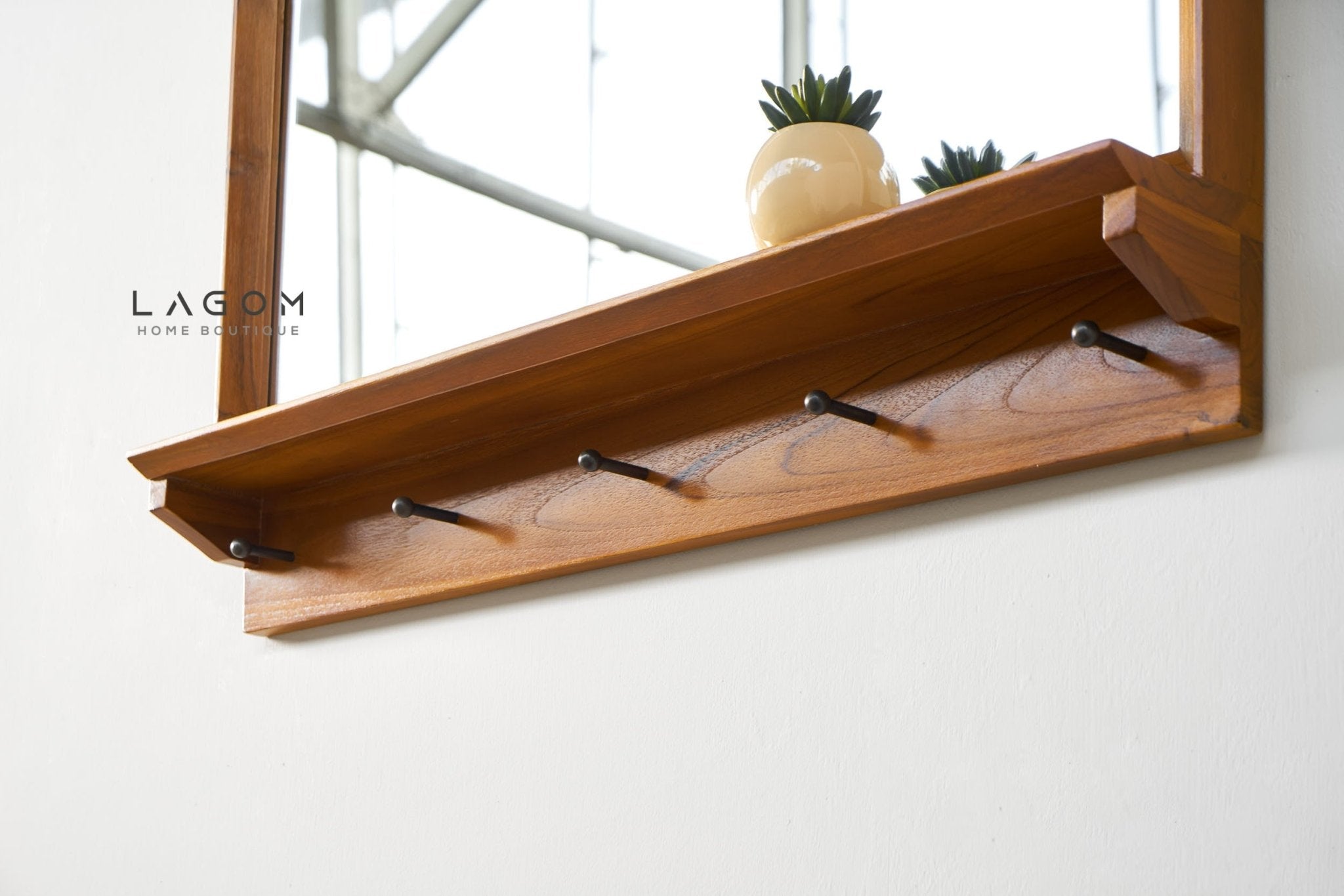 Teak Wood Wall Hanger with Mirror & Shelf - Wall Coat Hanger - Lagom Home Boutique