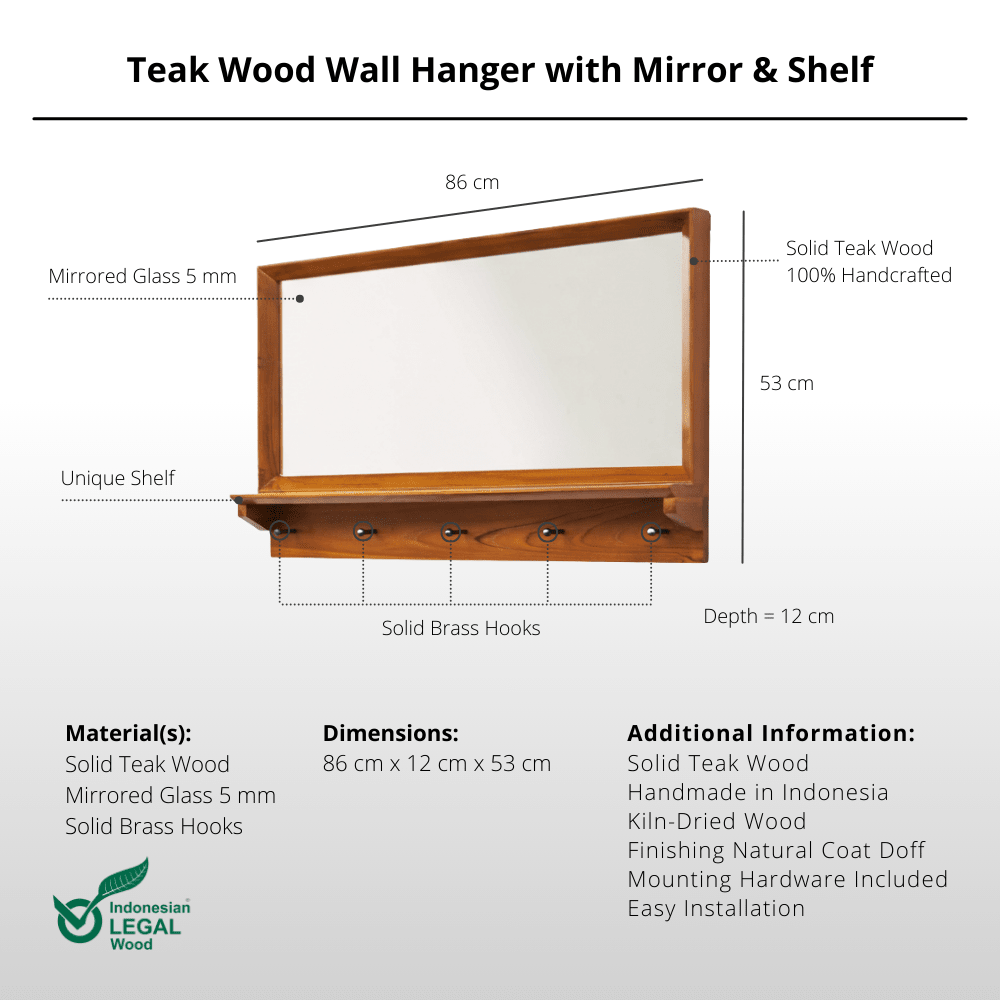 Teak Wood Wall Hanger with Mirror & Shelf - Wall Coat Hanger - Lagom Home Boutique