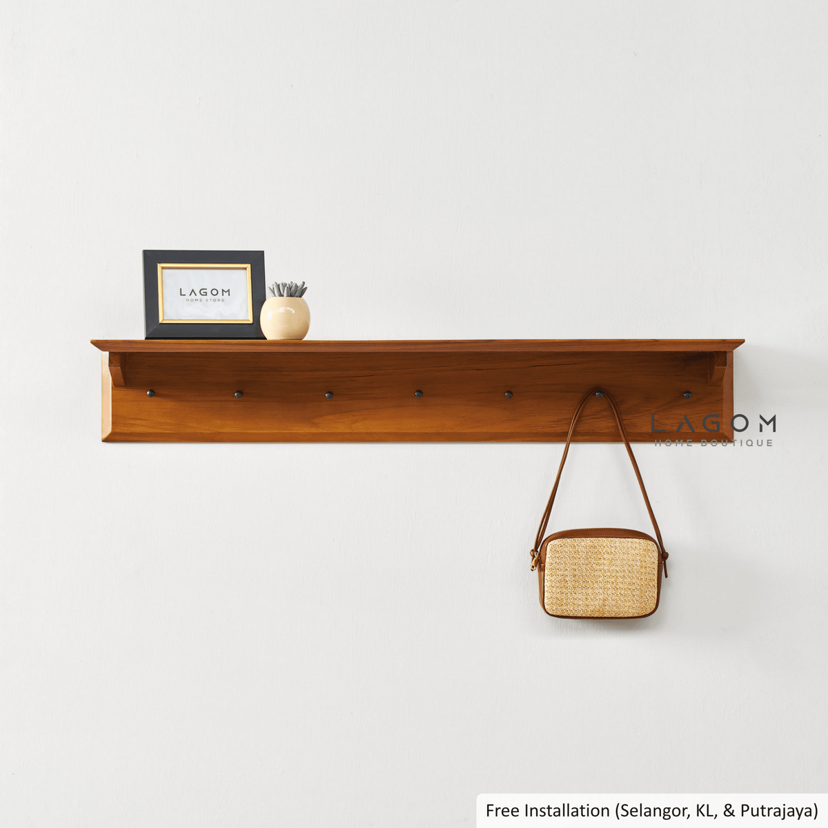 Teak Wood Wall Hanger with Shelf-Wall Coat Hanger-Lagom Home Boutique