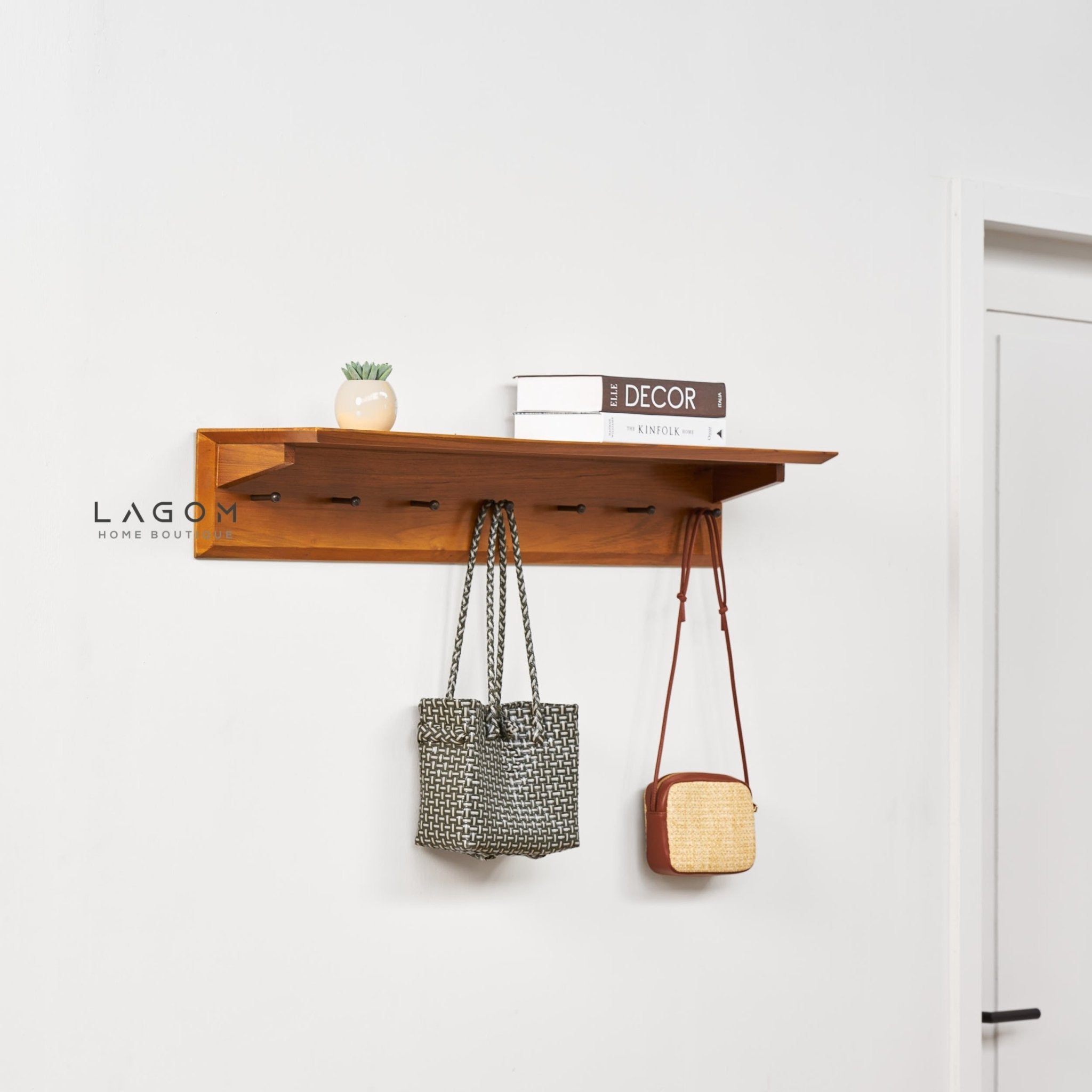 Teak Wood Wall Hanger with Shelf - Wall Coat Hanger - Lagom Home Boutique