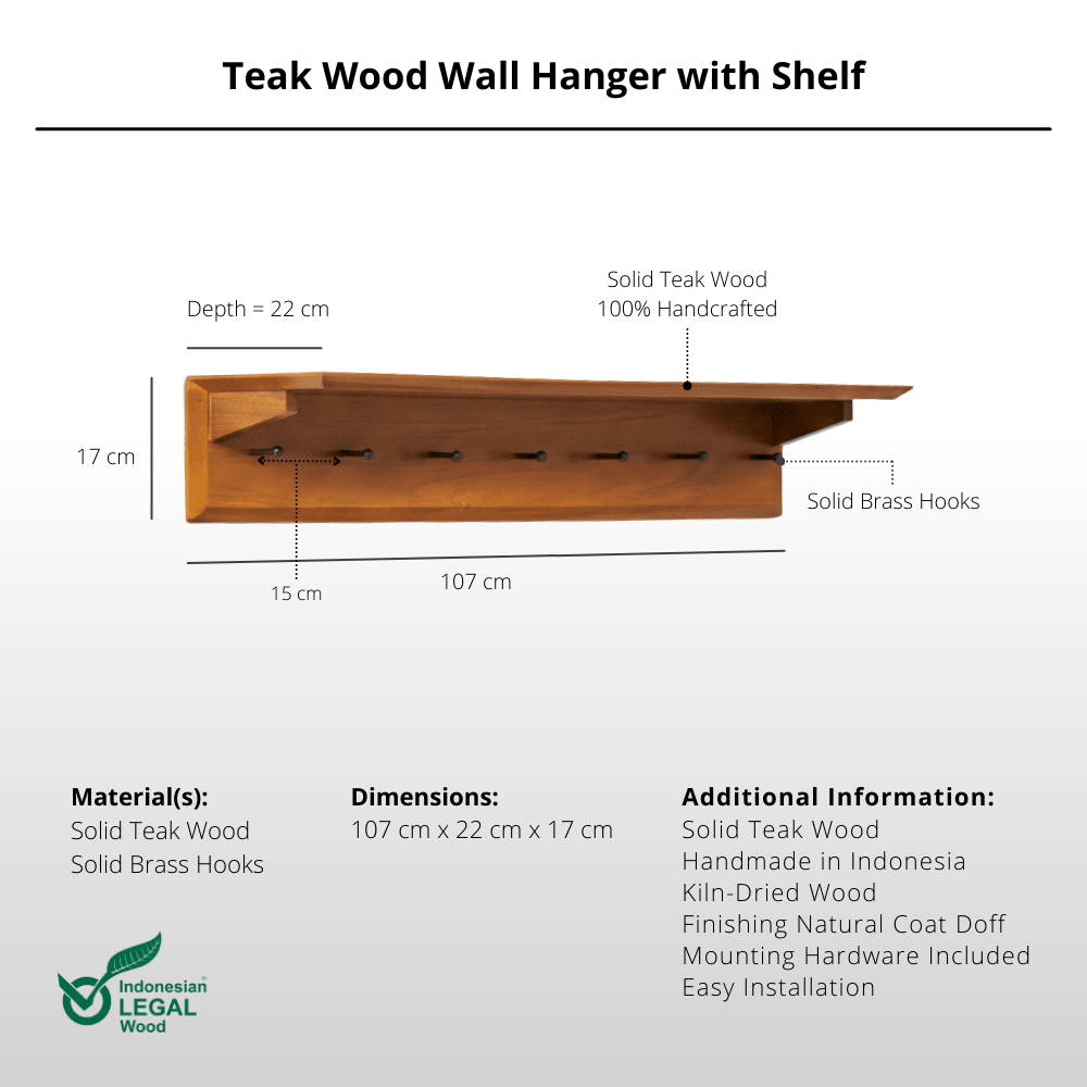 Teak Wood Wall Hanger with Shelf - Wall Coat Hanger - Lagom Home Boutique