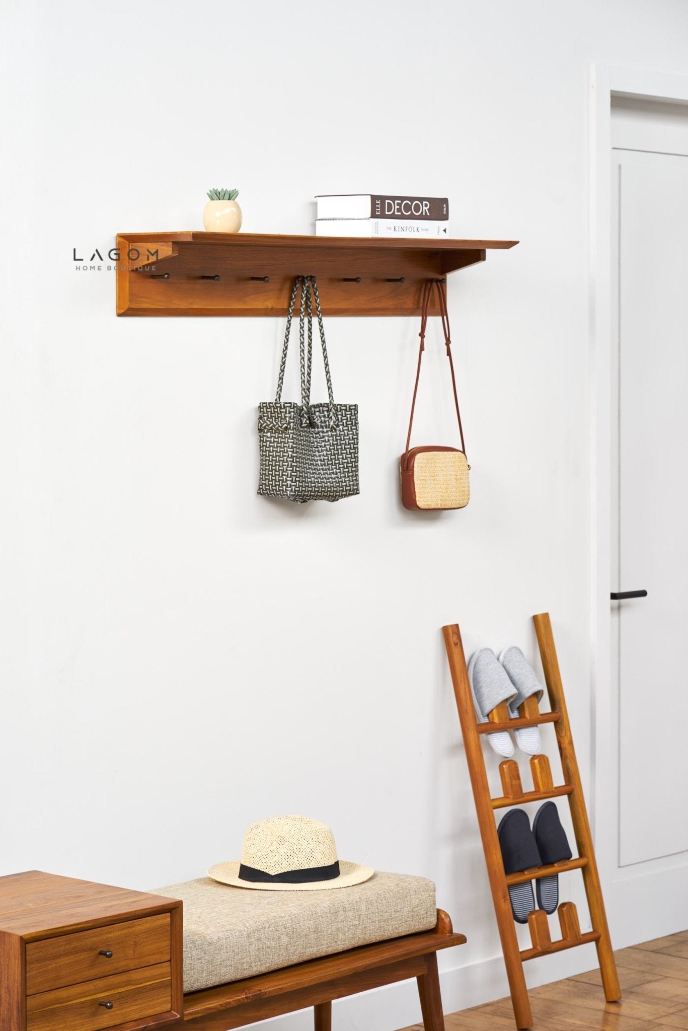 Teak Wood Wall Hanger with Shelf - Wall Coat Hanger - Lagom Home Boutique