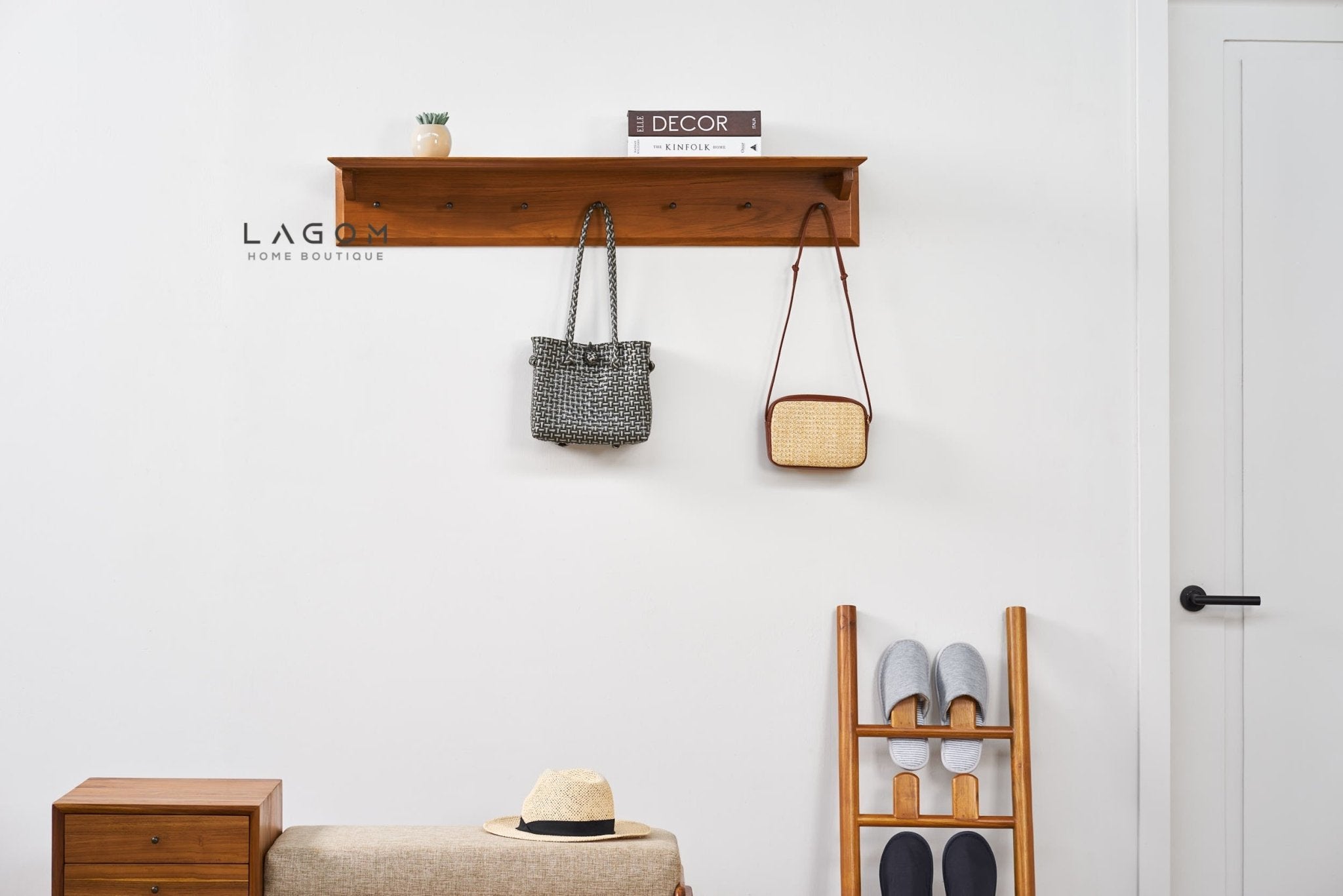 Teak Wood Wall Hanger with Shelf - Wall Coat Hanger - Lagom Home Boutique