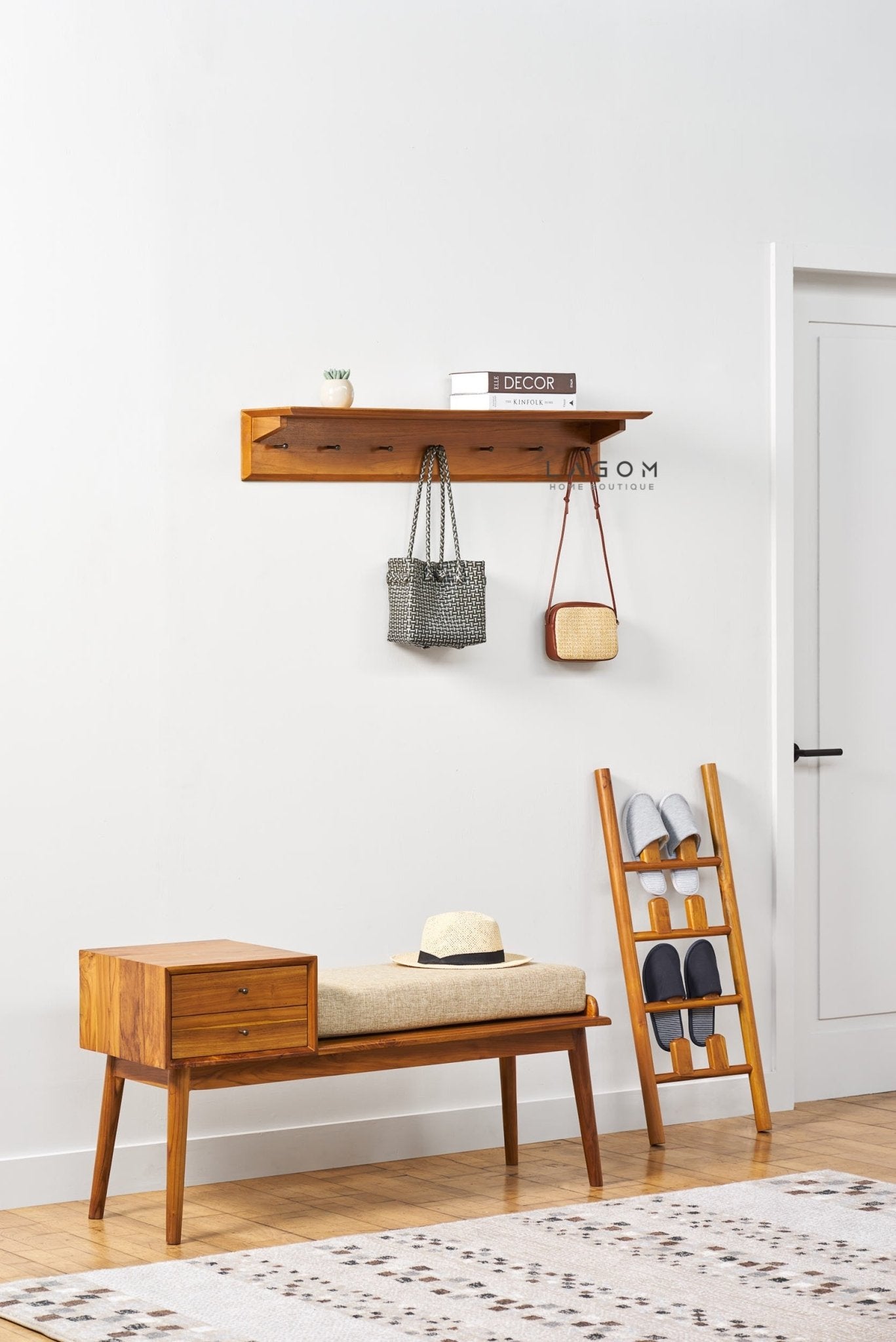 Teak Wood Wall Hanger with Shelf - Wall Coat Hanger - Lagom Home Boutique