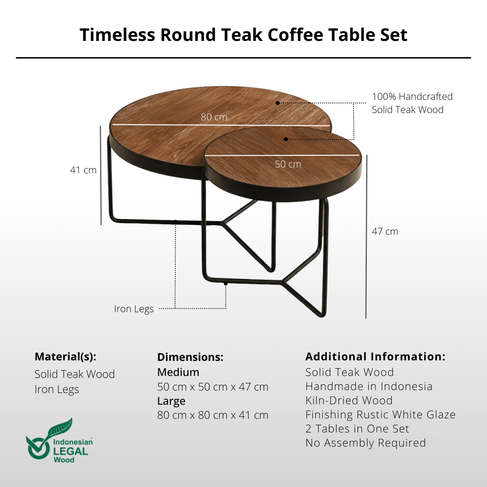 Timeless Round Teak Coffee Table Set - Solid Wood & Iron - Coffee Table - Lagom Home Boutique