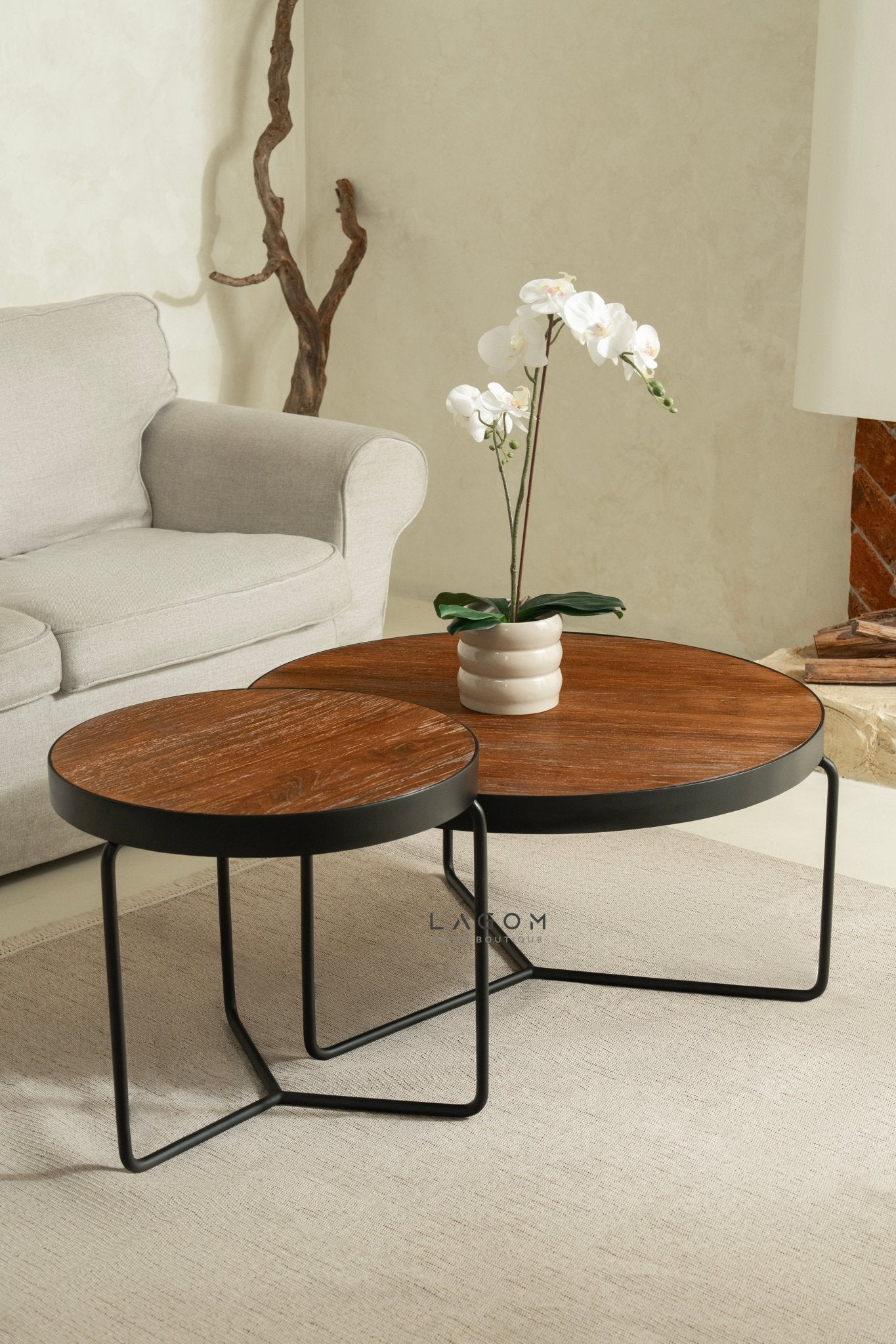 Timeless Round Teak Coffee Table Set - Solid Wood & Iron - Coffee Table - Lagom Home Boutique