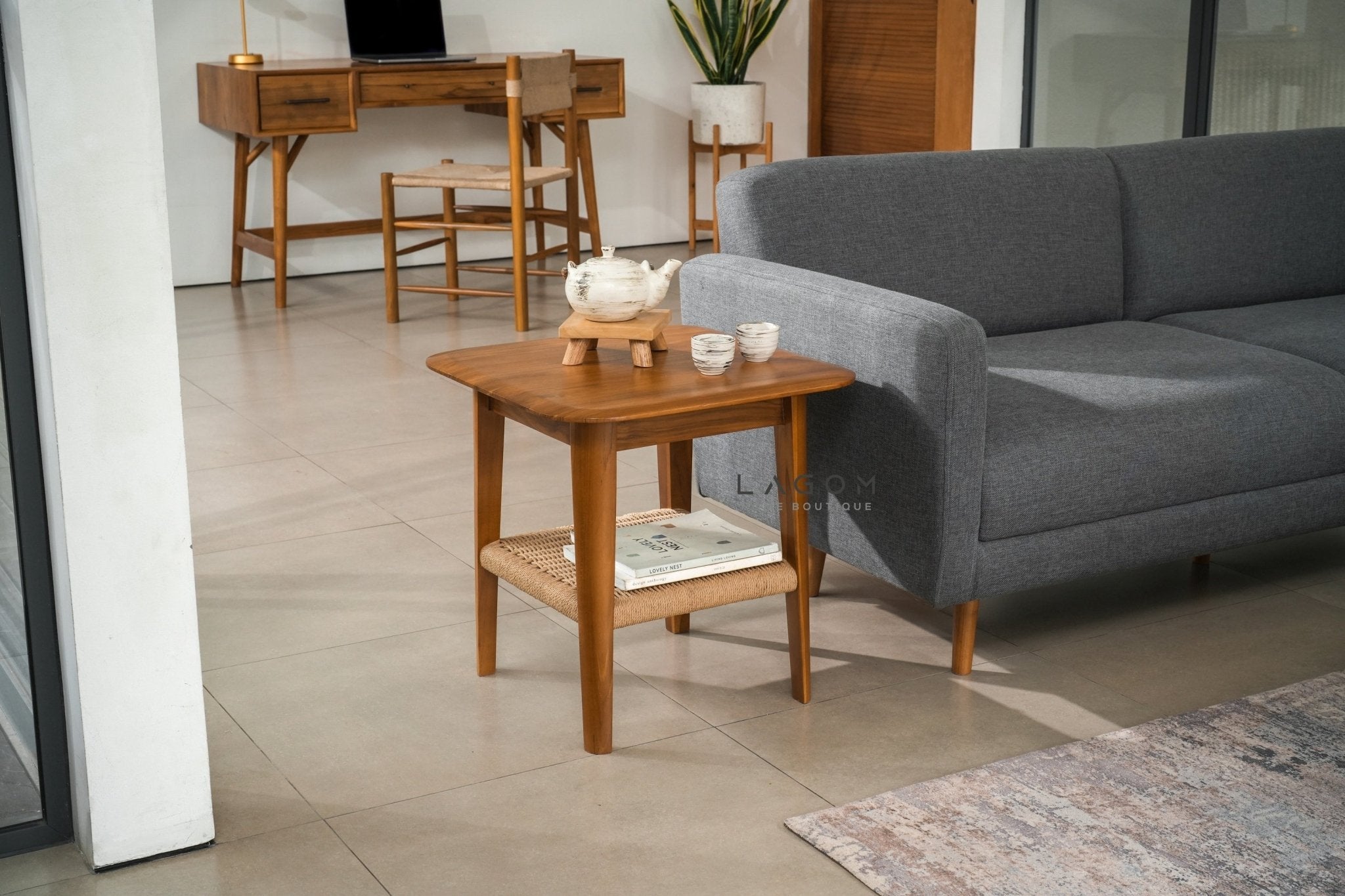 Timeless Side Table in Teak Wood & Premium Loom - Side Table - Lagom Home Boutique