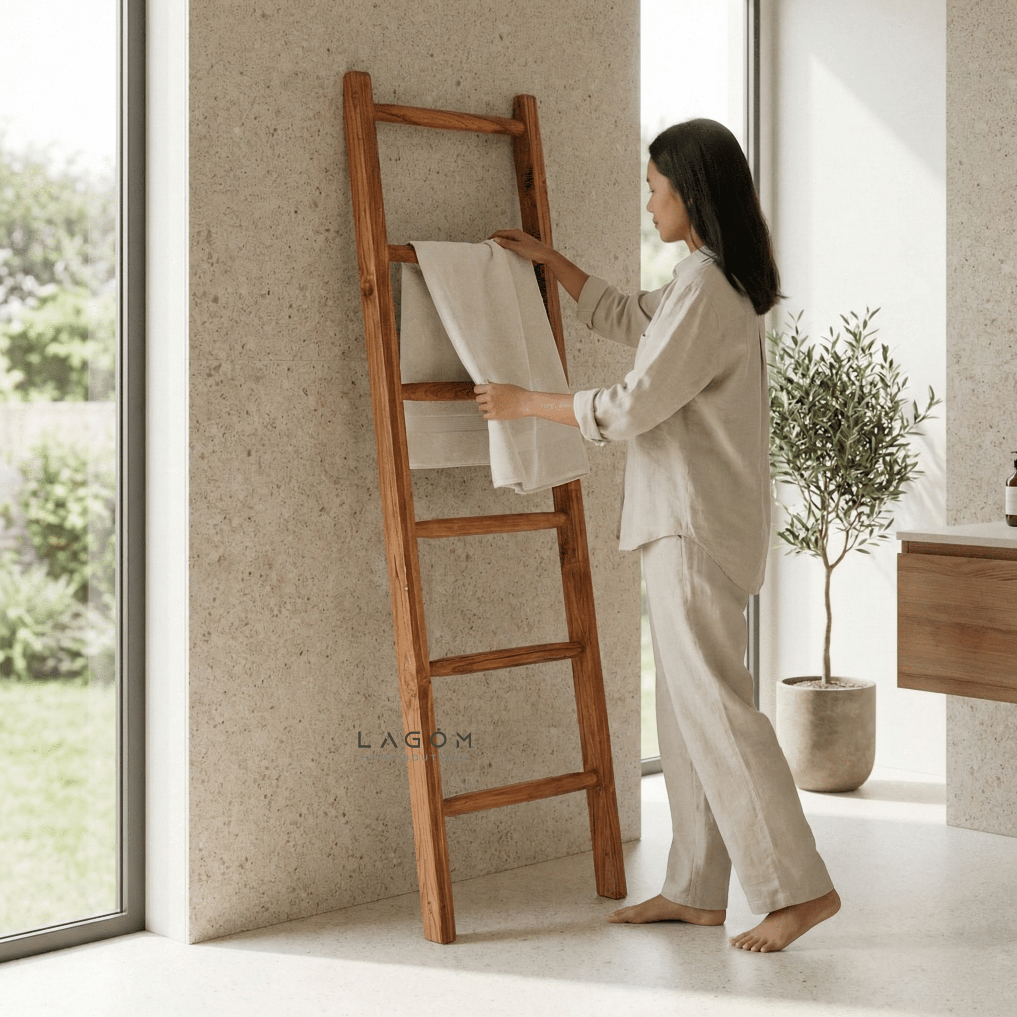 Towel / Blanket Ladder in Solid Teak - Towel Rack - Lagom Home Boutique