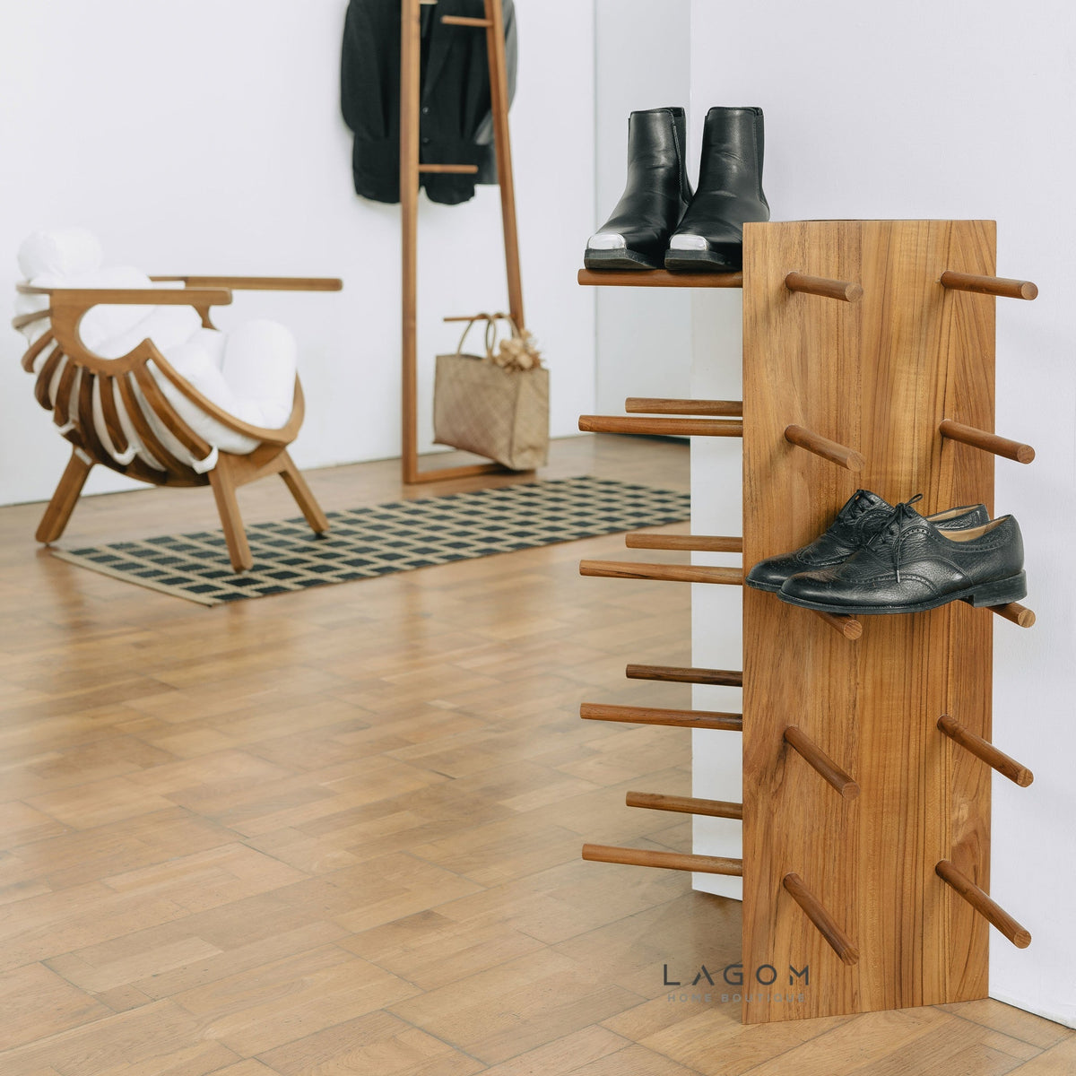 Shoe Racket With Rake 10-Pair Triangular Teak Shoe Rack