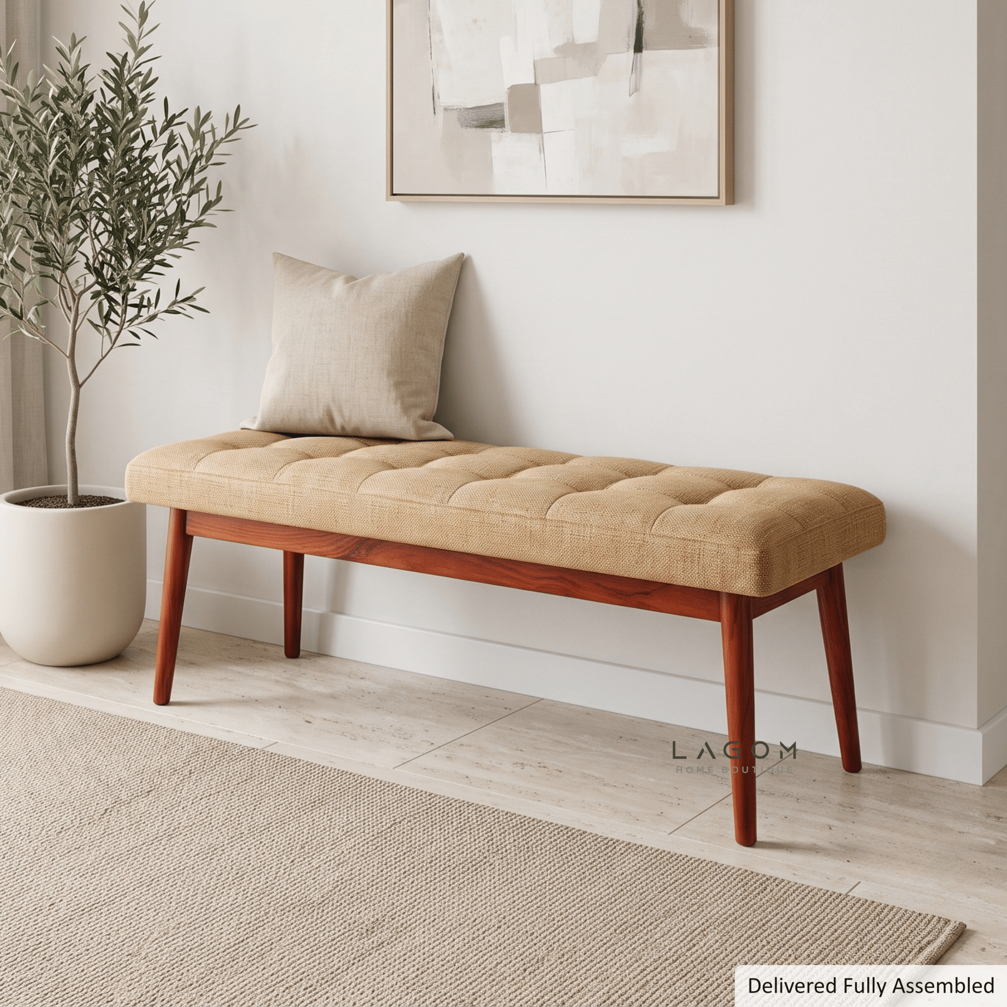 110 cm Solid Teak Upholstered End of Bed Bench-Bench-Lagom Home Boutique