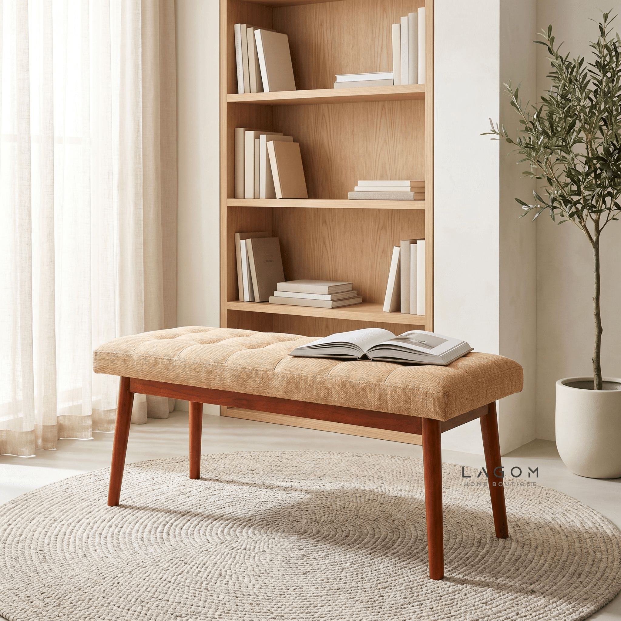 110 cm Solid Teak Upholstered End of Bed Bench-Bench-Lagom Home Boutique