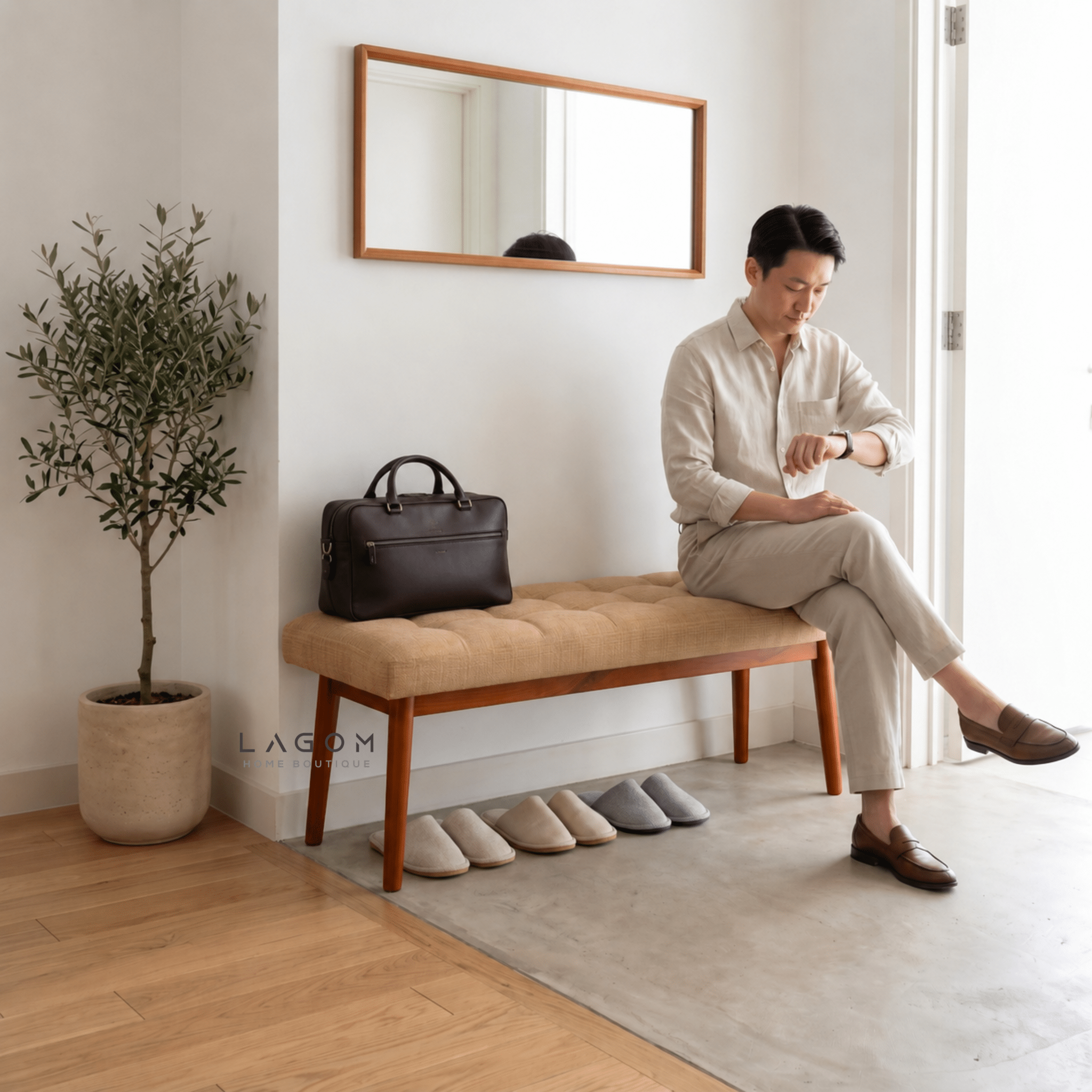 110 cm Solid Teak Upholstered End of Bed Bench-Bench-Lagom Home Boutique