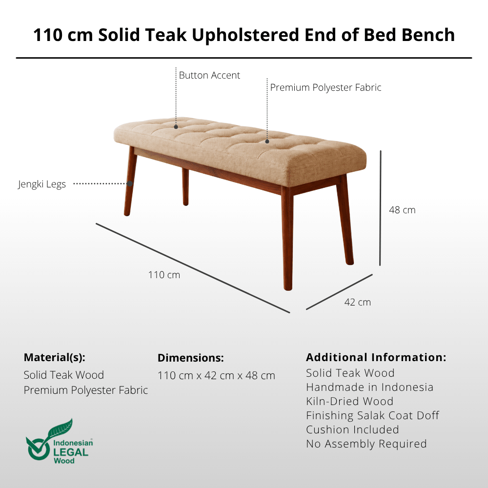 110 cm Solid Teak Upholstered End of Bed Bench-Bench-Lagom Home Boutique