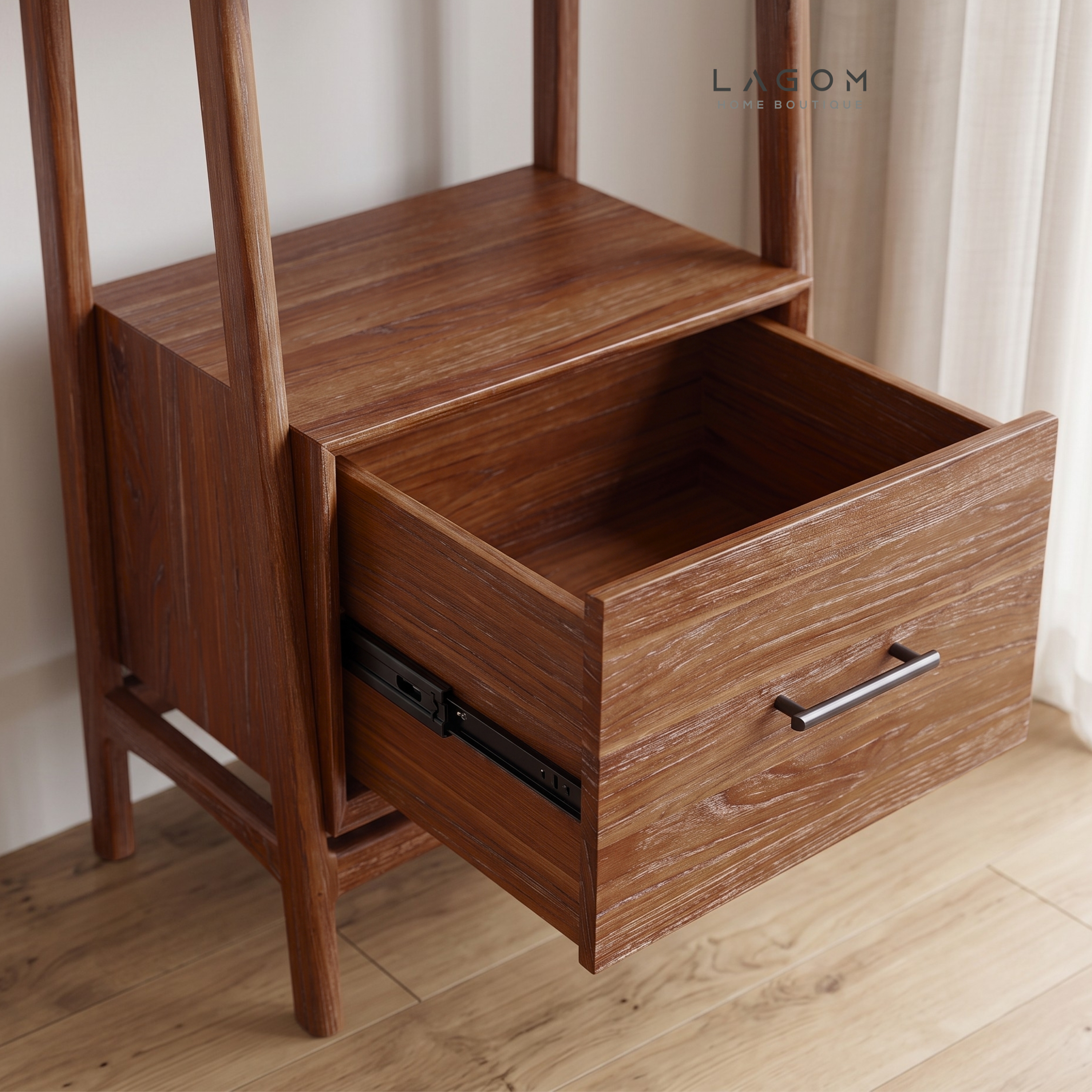 Solid Teak Display Shelf with 3 Tiers & Drawer