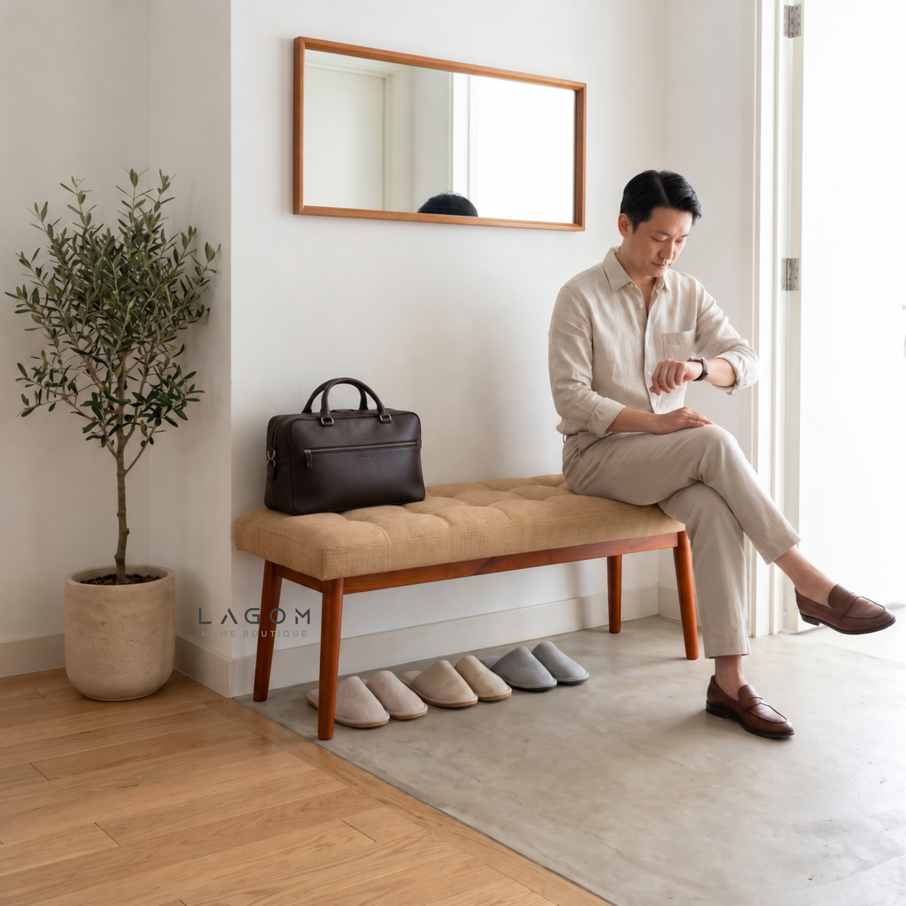 Solid Teak Bench with Tufted Cushion