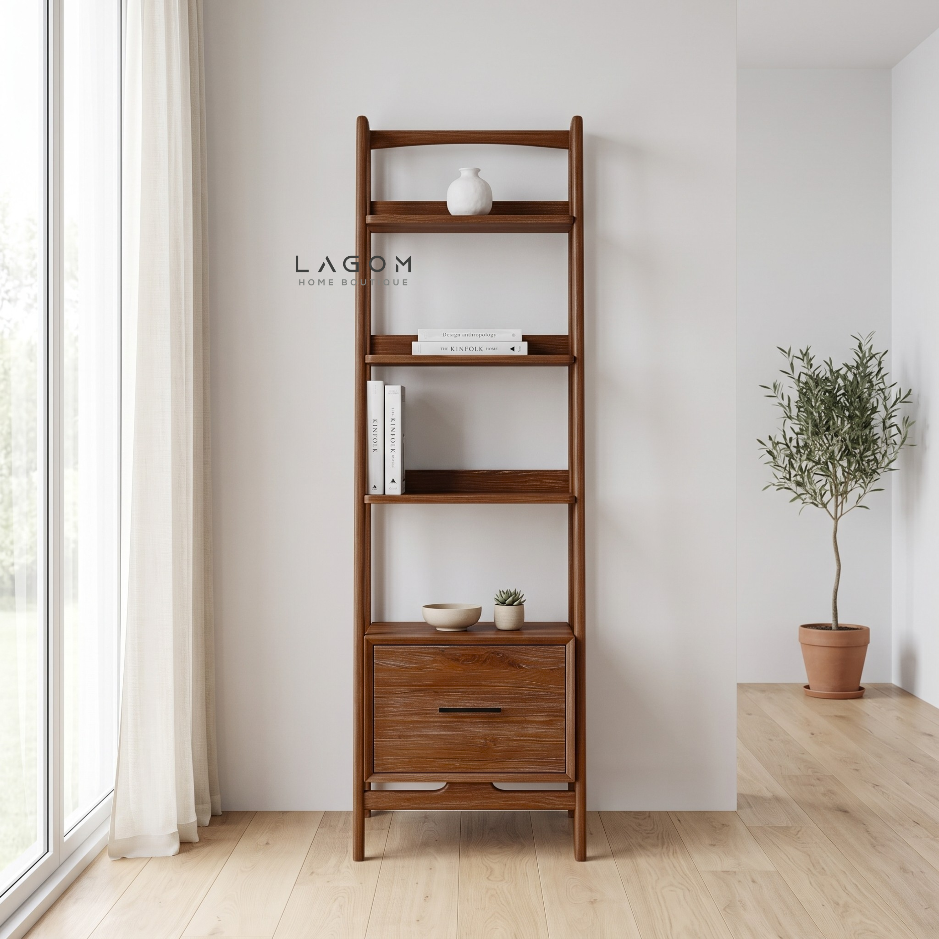 Solid Teak Display Shelf with 3 Tiers & Drawer