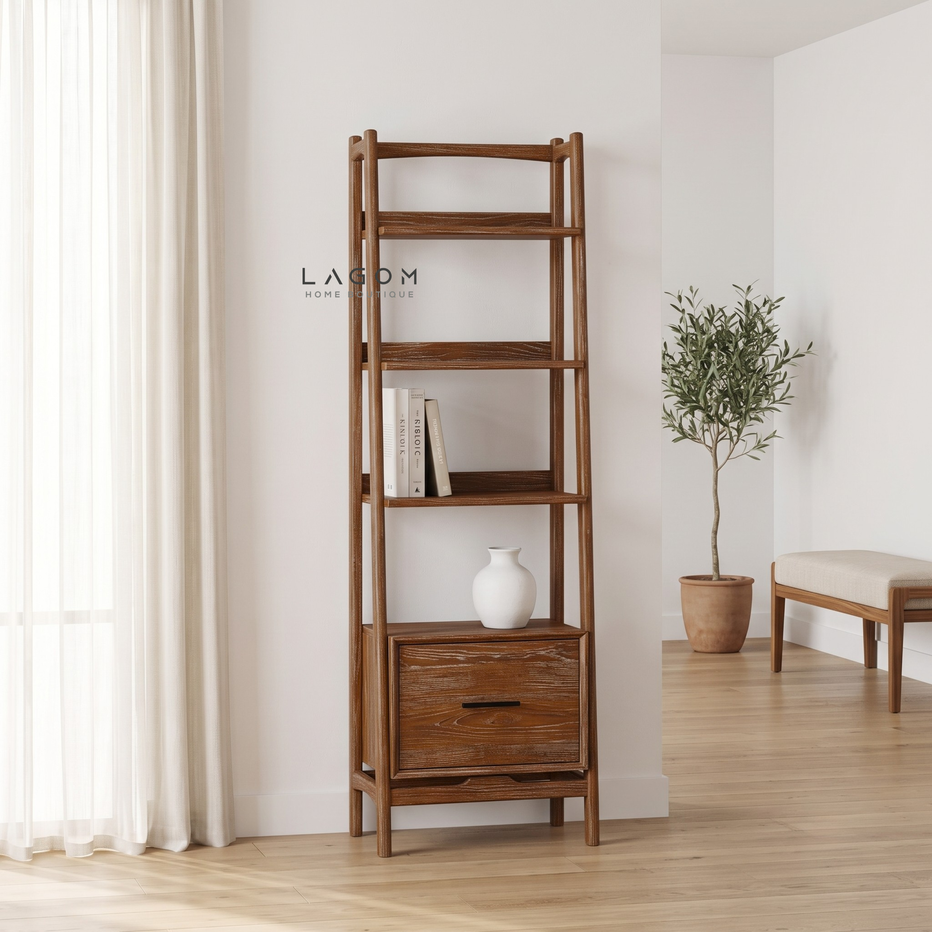 Solid Teak Display Shelf with 3 Tiers & Drawer