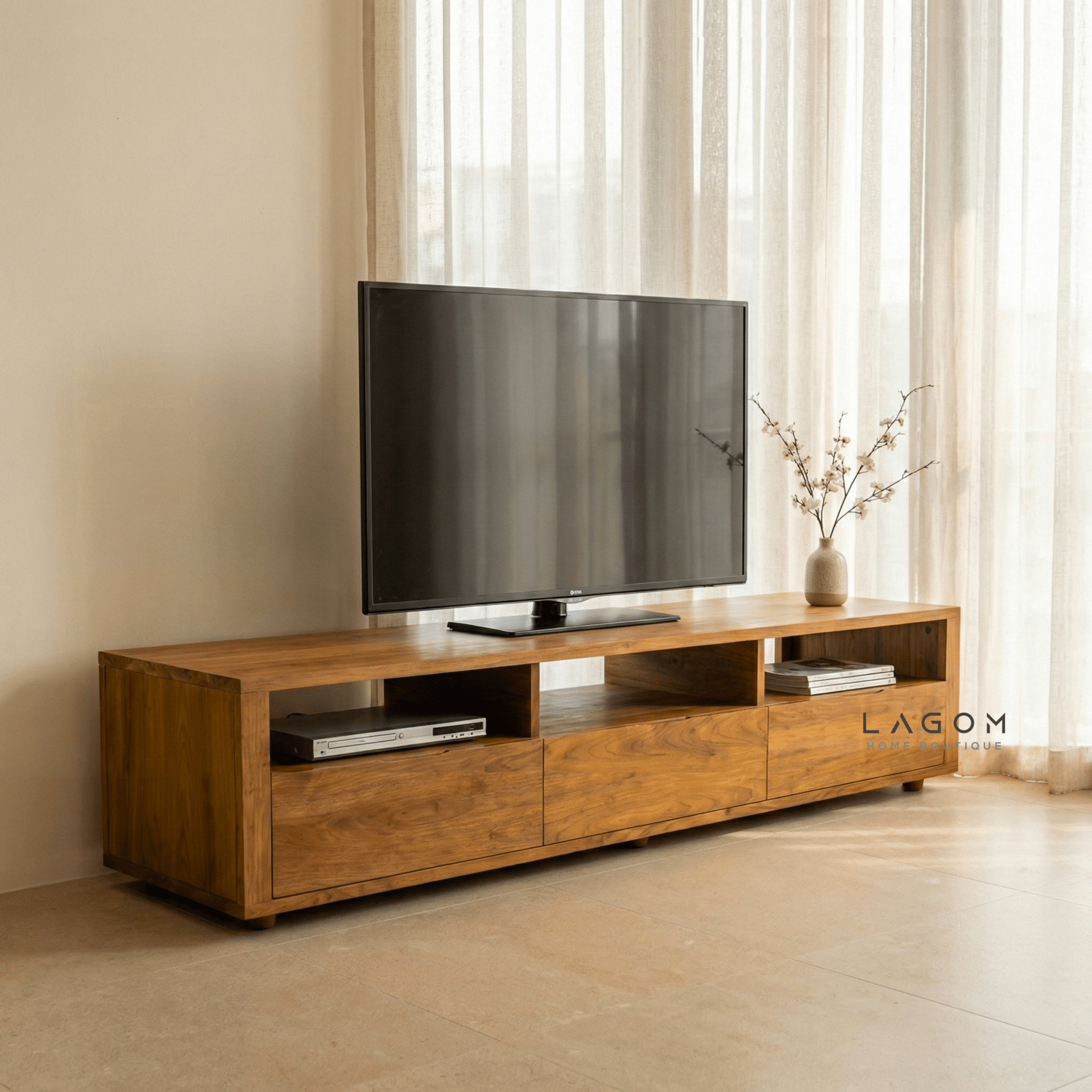 180 cm Solid Teak TV Cabinet – 3 Seamless Drawers - TV Cabinet - Lagom Home Boutique