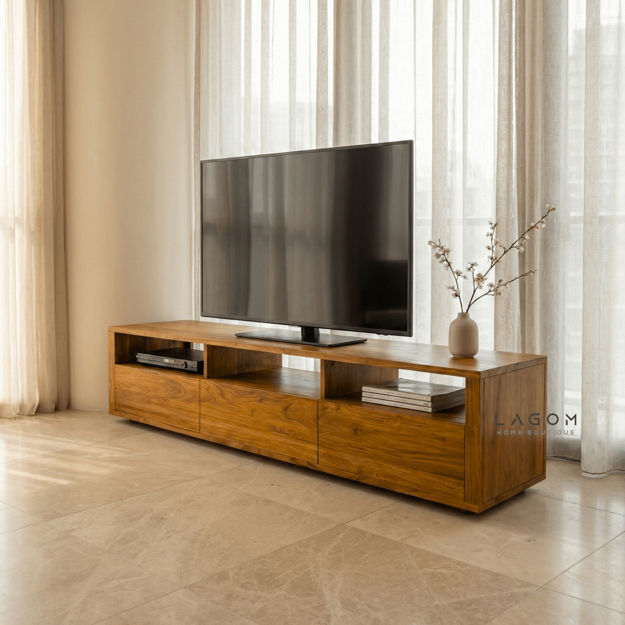 180 cm Solid Teak TV Cabinet – 3 Seamless Drawers - TV Cabinet - Lagom Home Boutique
