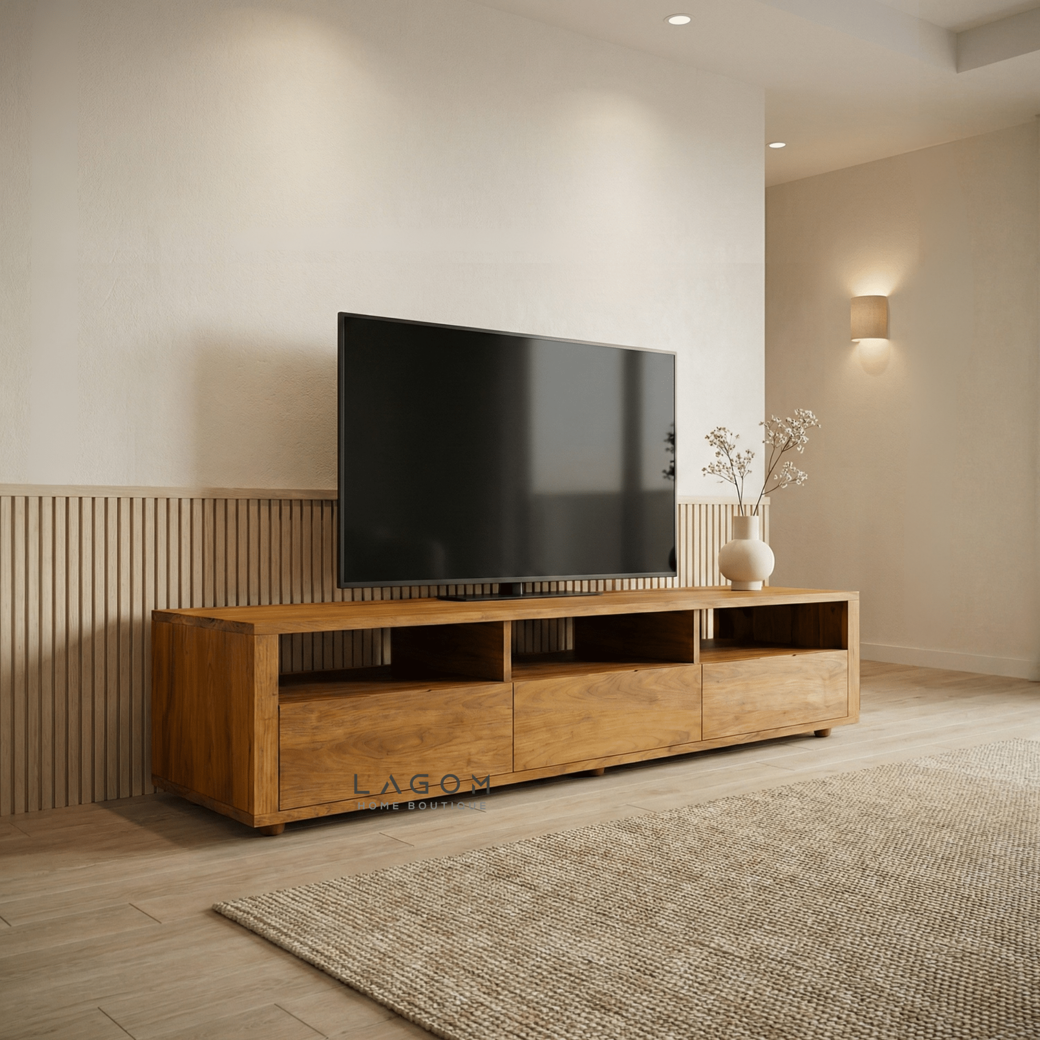 180 cm Solid Teak TV Cabinet – 3 Seamless Drawers - TV Cabinet - Lagom Home Boutique