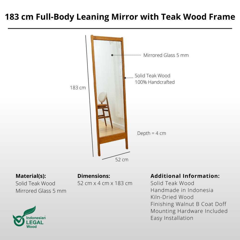 183 cm Full - Body Leaning Mirror with Teak Wood Frame - Mirror - Lagom Home Boutique