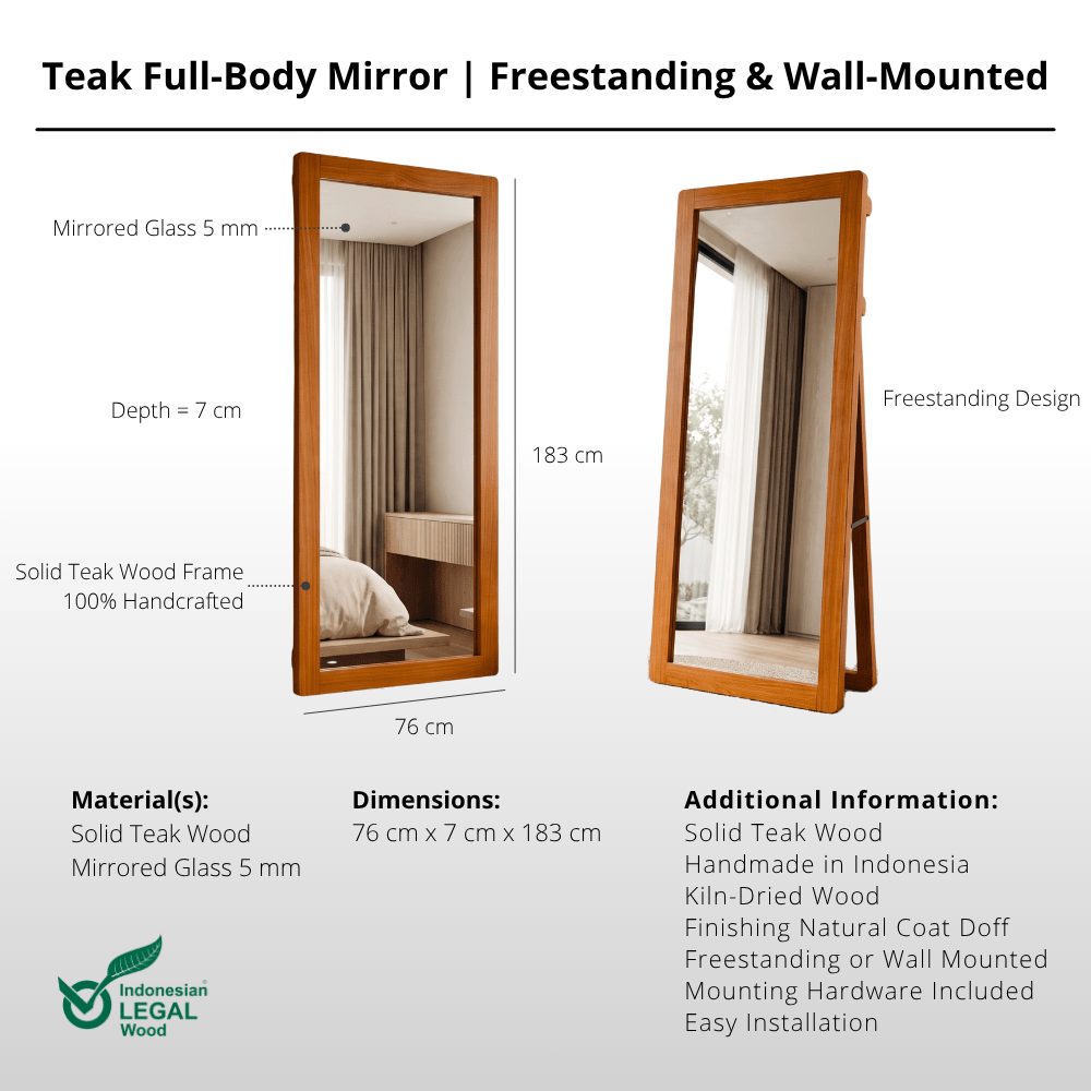 183 cm Teak Full-Body Mirror | Freestanding & Wall-Mounted-Mirror-Lagom Home Boutique